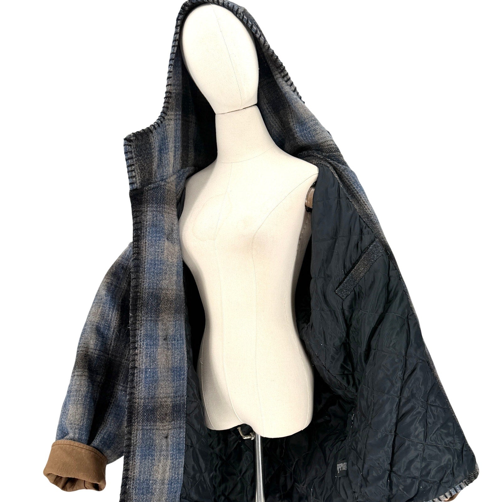 Vintage 90s Free Country Blue Gray Plaid Hooded Blanket Jacket