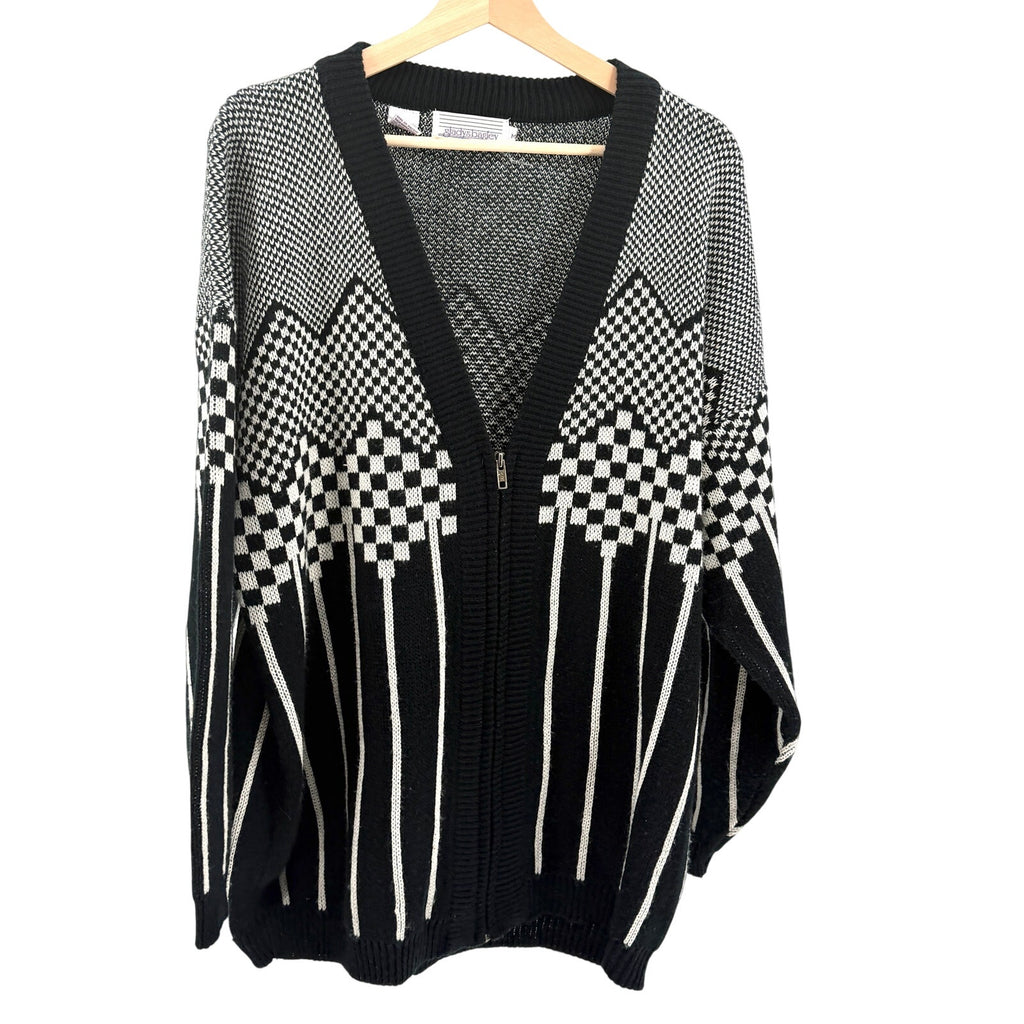 Vintage 80s Gladys Bagley Black White Oversized Abstract Zip Cardigan Sweater