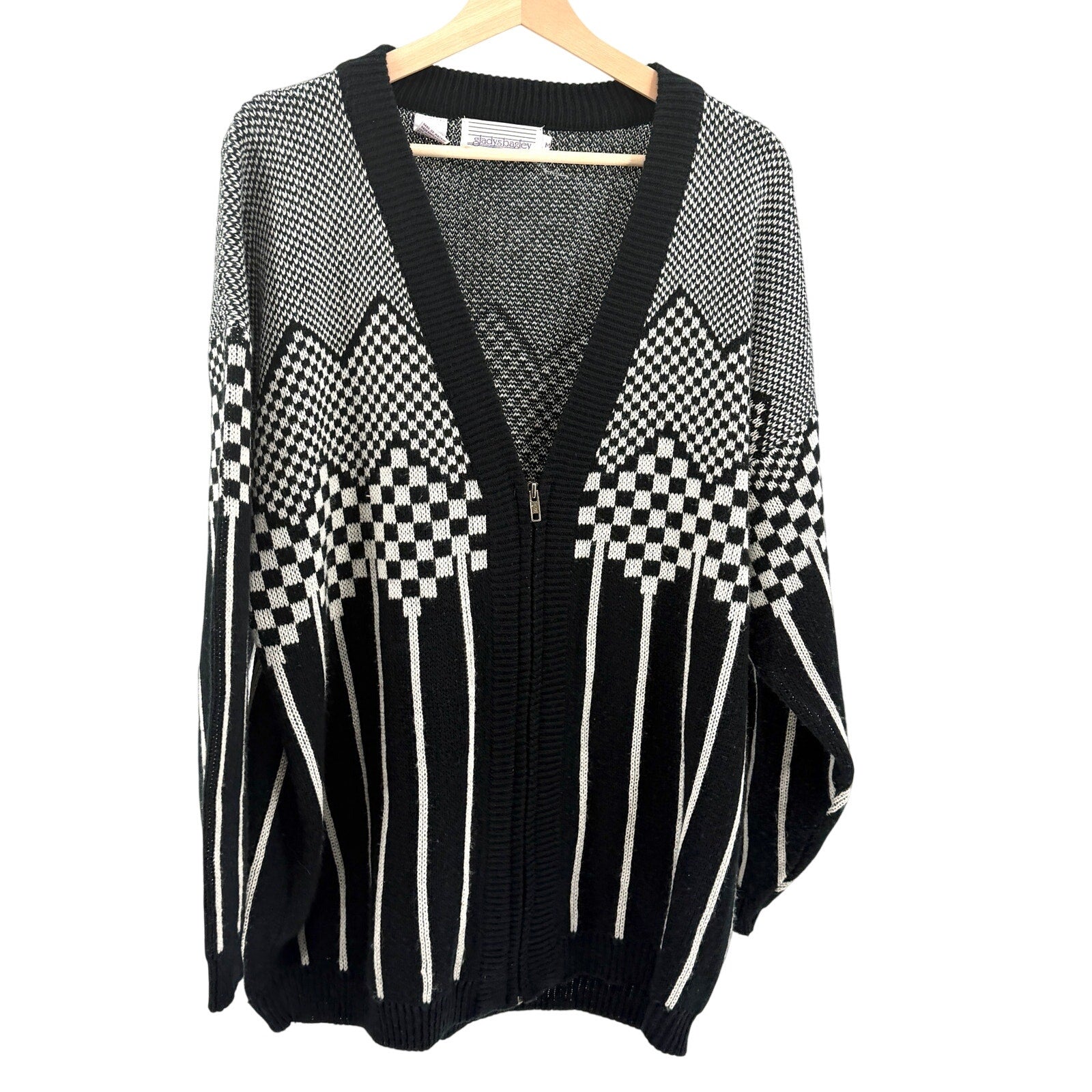 Vintage 80s Gladys Bagley Black White Oversized Abstract Zip Cardigan Sweater