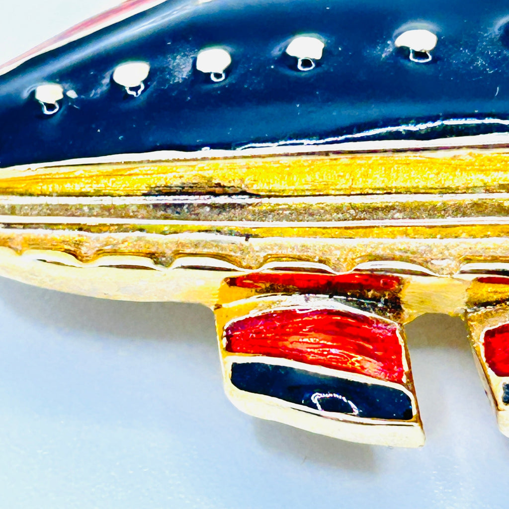 Vintage 80s/90s Gold Enamel Black Red Nautical Rhinestone Cruise Ship Brooch Pin