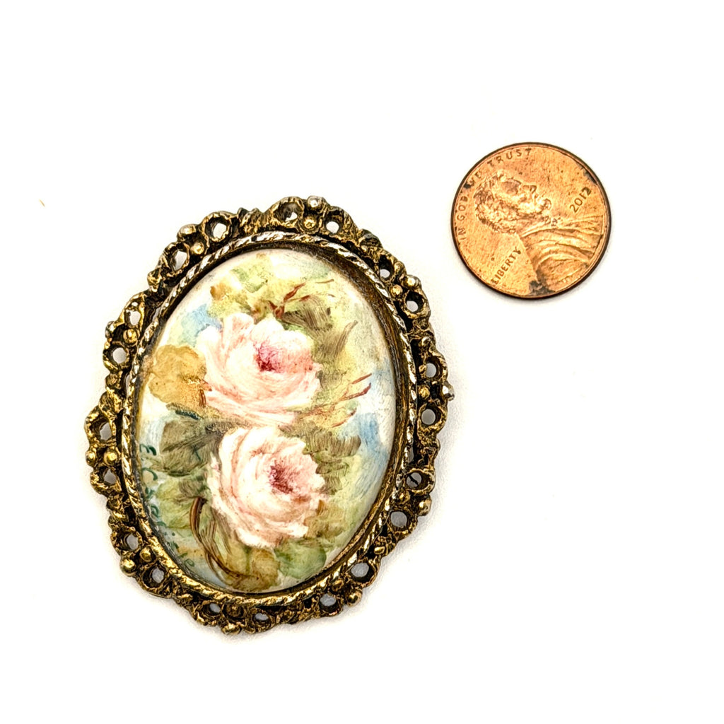 Vintage 60s Artist Signed Floral Porcelain Romantic Hand Painted Brooch