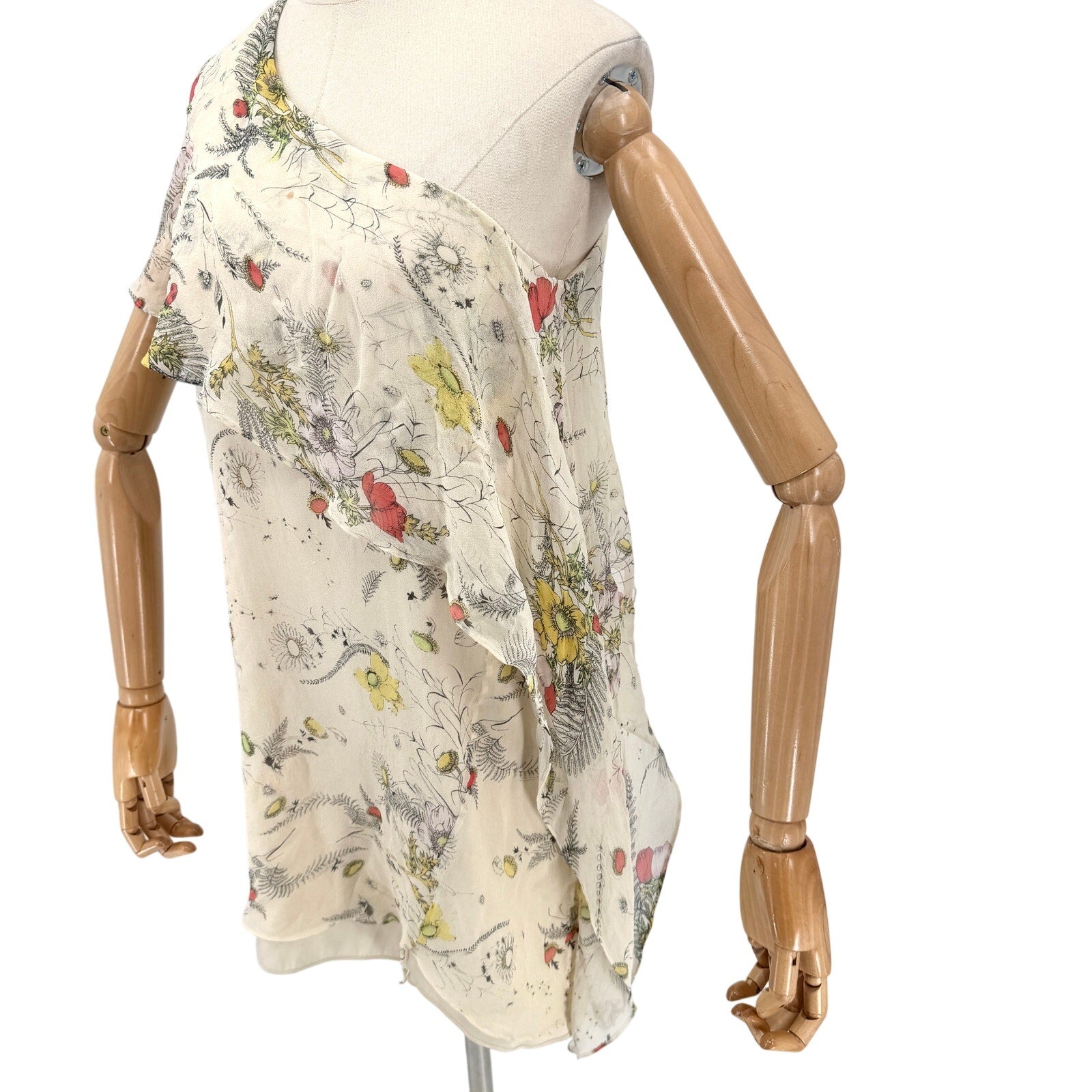 Haute Hippie Cream Floral 100% Silk Asymmetrical Ruffle One Shoulder Mini Dress
