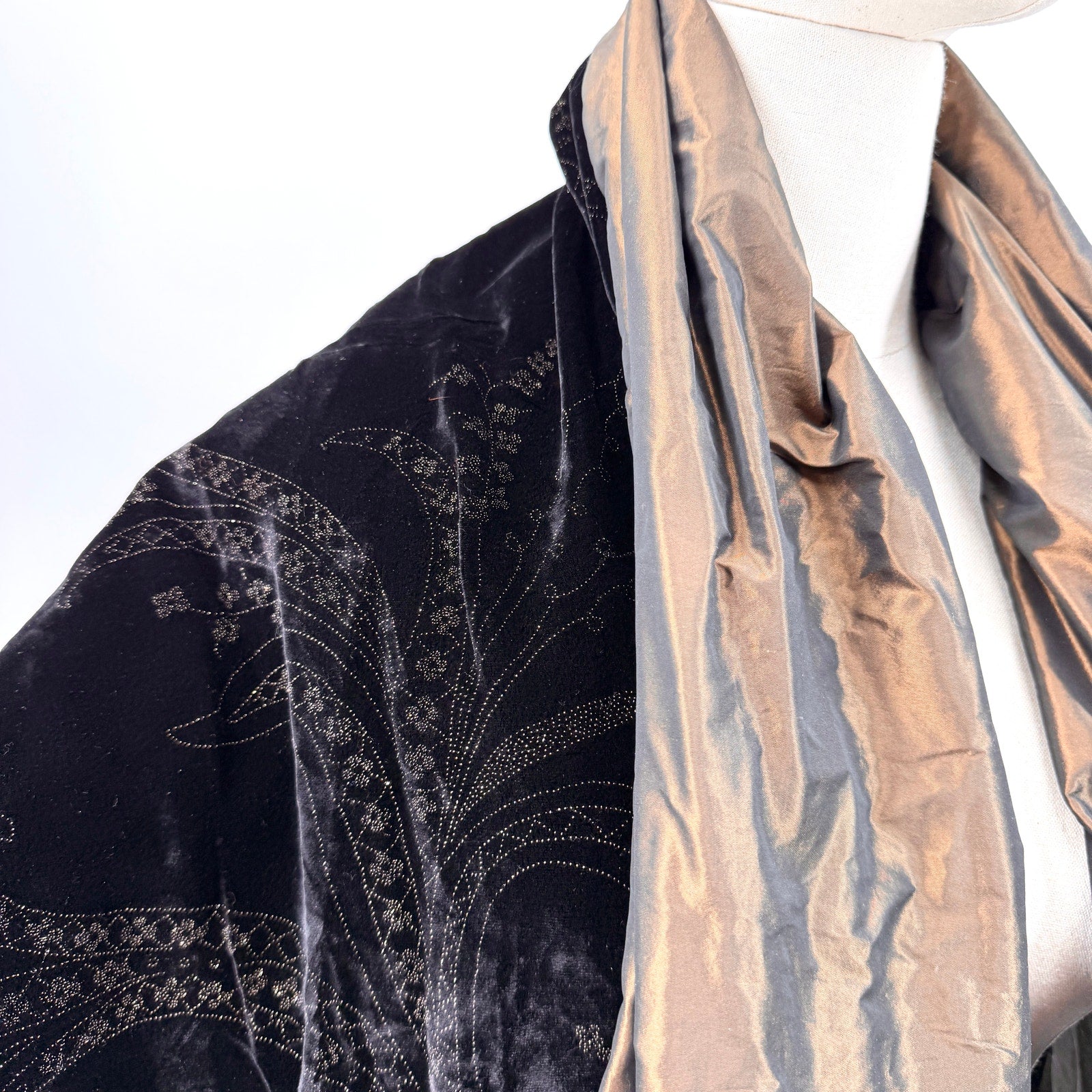 Vintage 90s Black Velvet Bronze Iridescent Wrap Glitter Formal Shawl Wrap