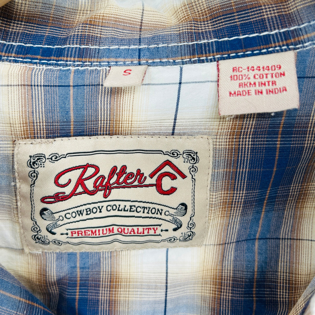 Rafter C Blue Tan Plaid 100% Cotton Western Pearl Snap Shirt
