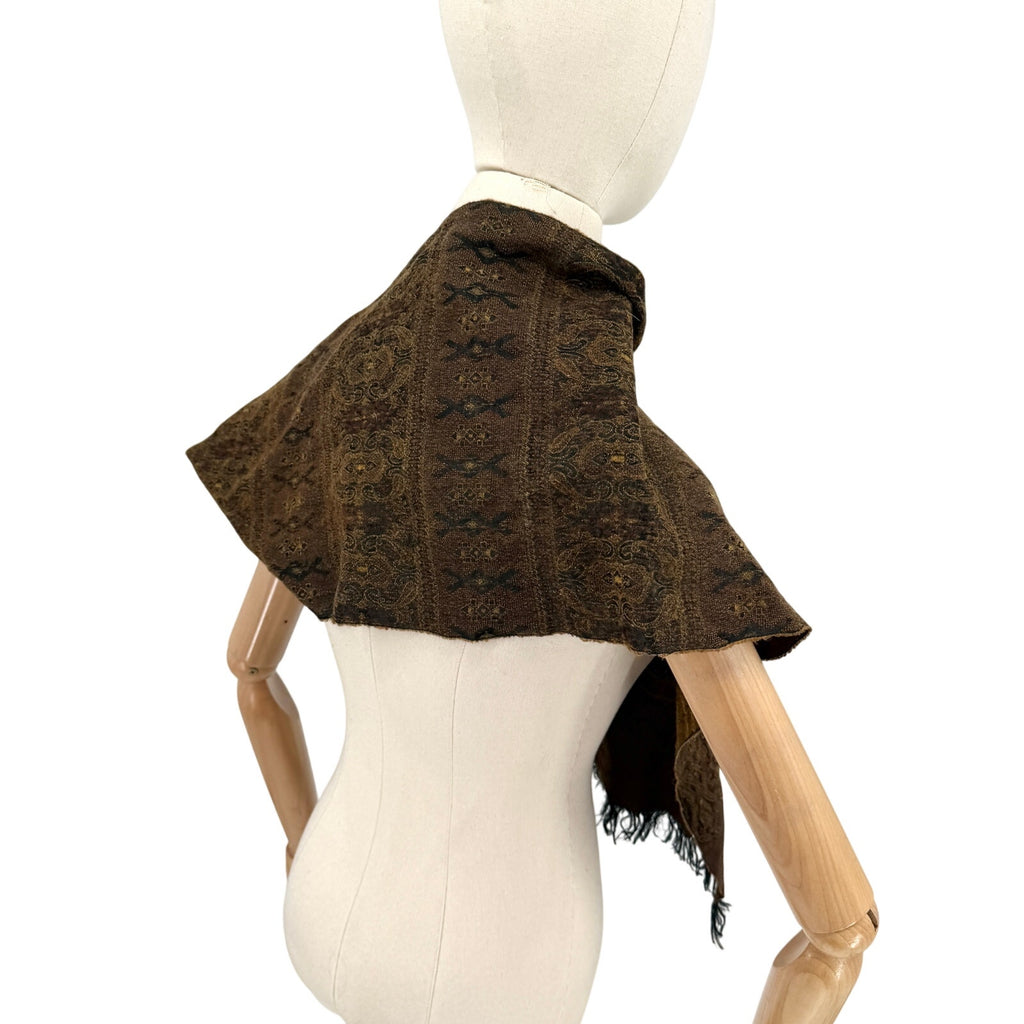 Vintage Y2K Olive Green Paisley 100% Wool Woven Fringe Oblong Scarf