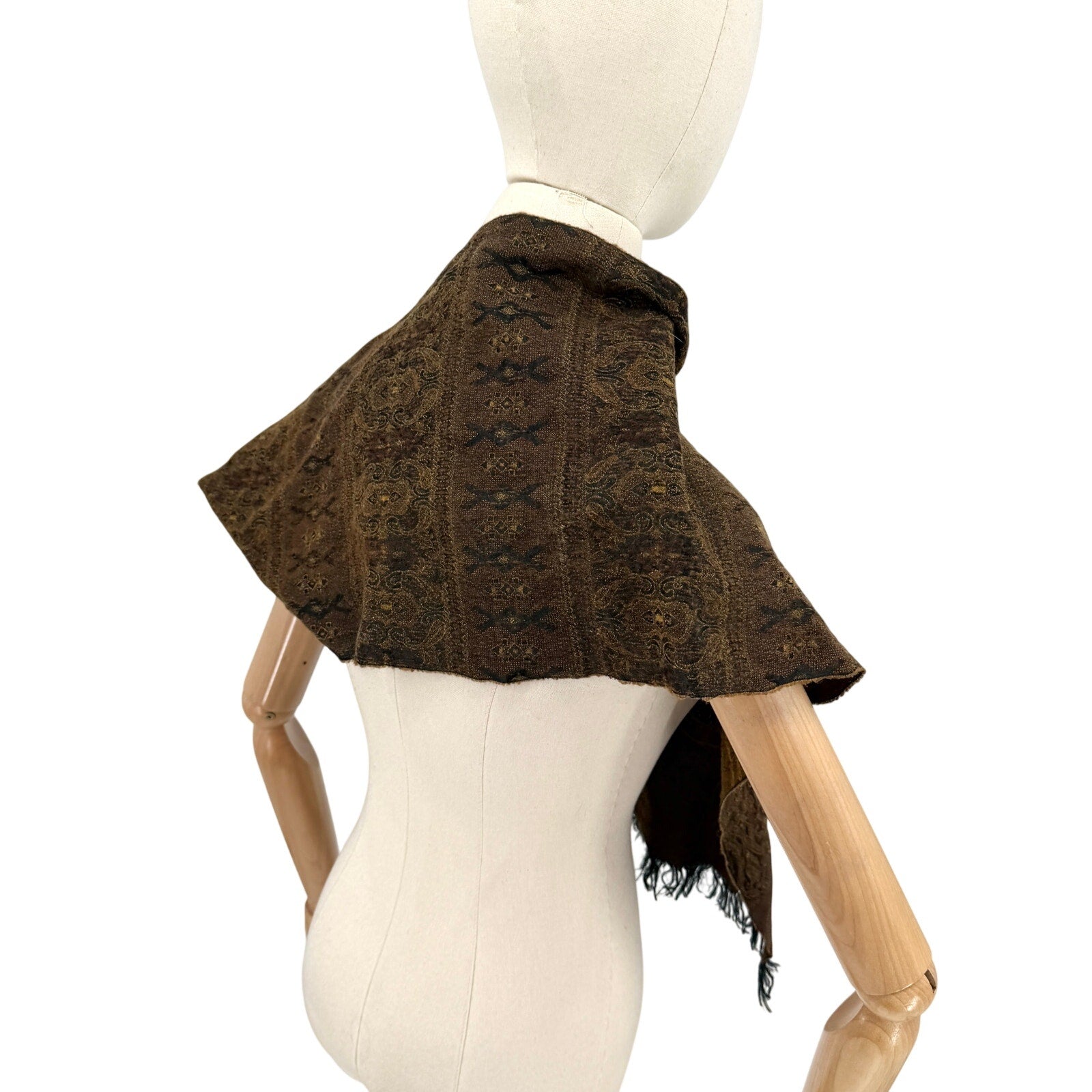 Vintage Y2K Olive Green Paisley 100% Wool Woven Fringe Oblong Scarf