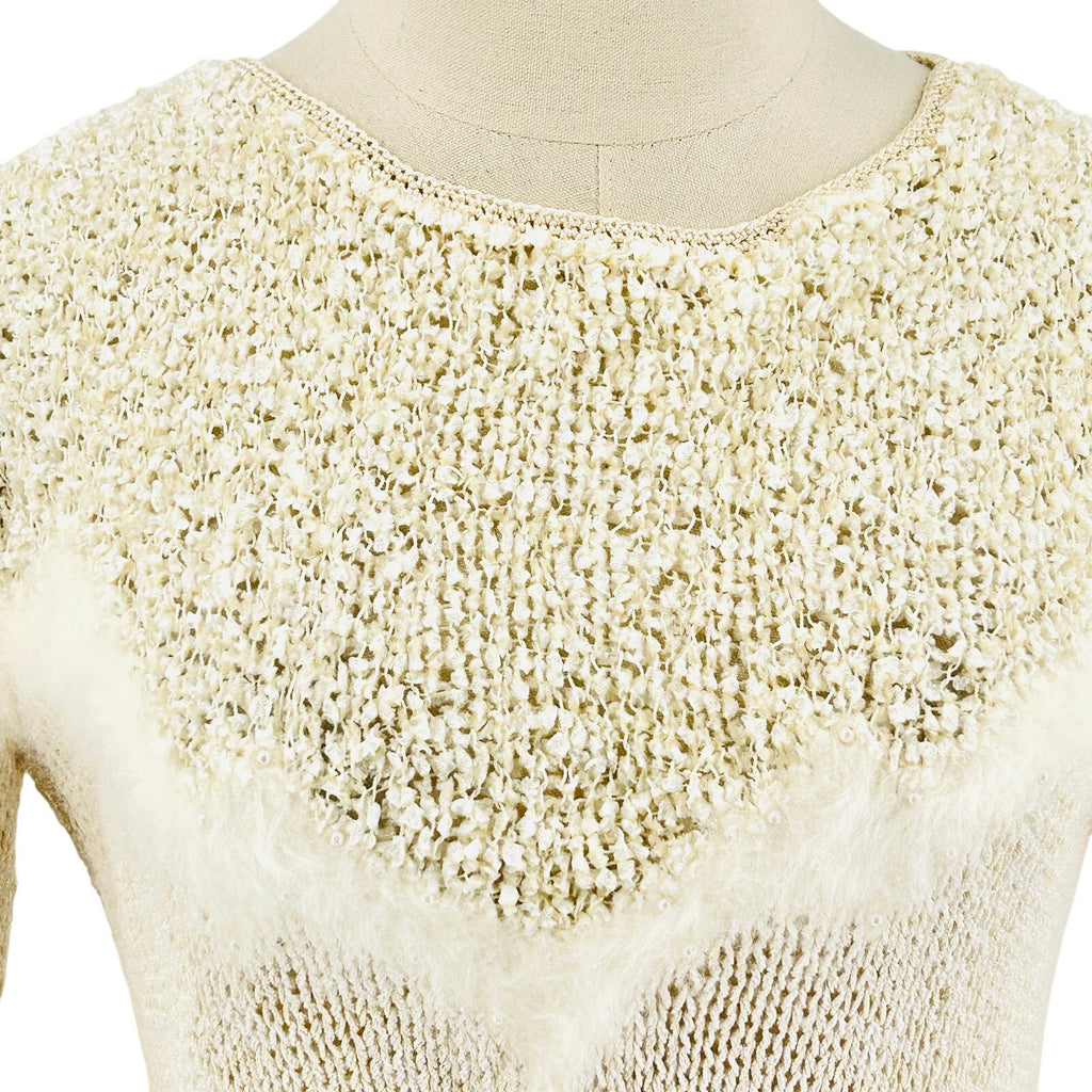Vintage 80s Cream Super Soft Puff Sleeve Angora Pearl Trim Sweater