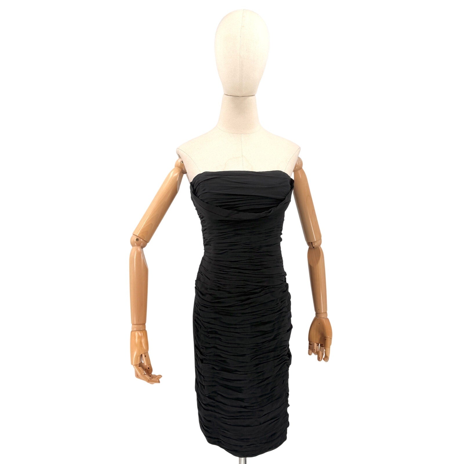 Vintage 90s Rickie Freeman Teri Jon Black 100% Silk Ruched Strapless Midi Dress