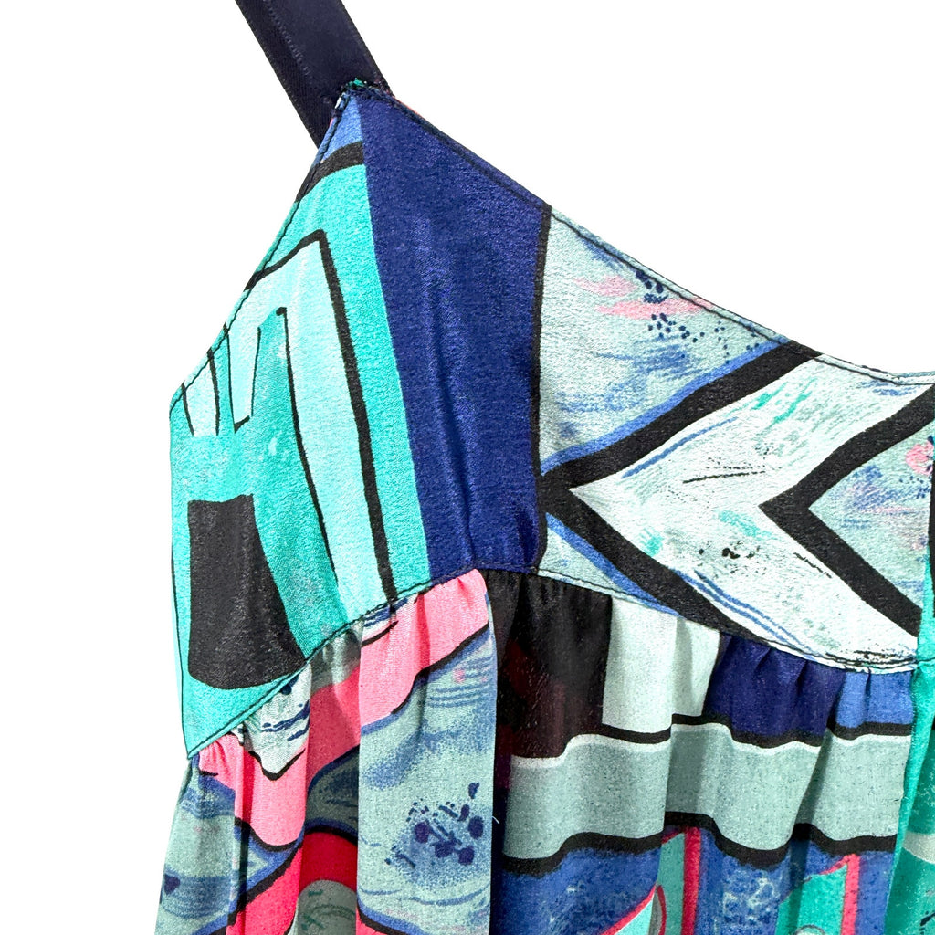 Vintage 90s Teal Pink Geometric Print Wide Leg Satin Jumpsuit
