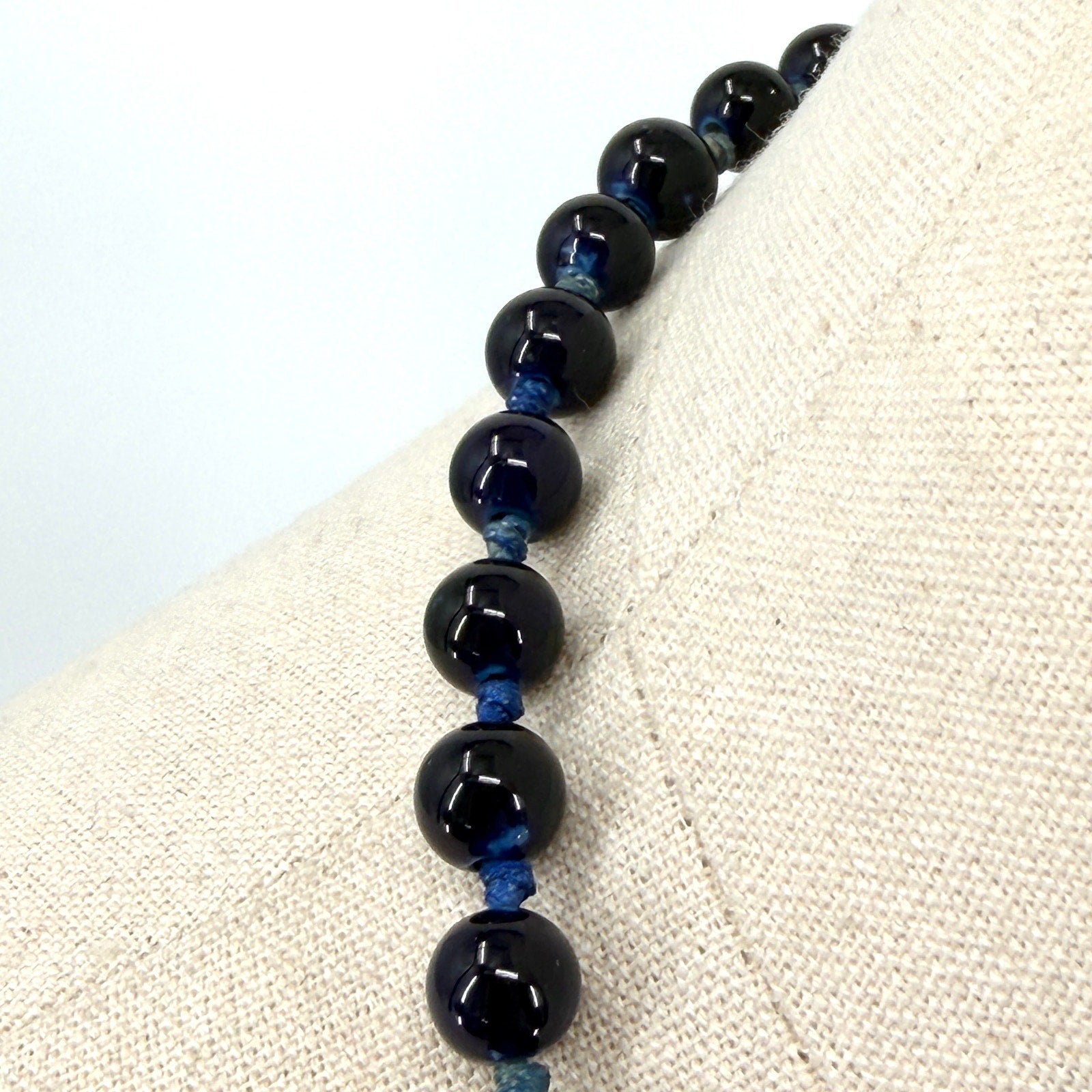 Vintage Cobalt Blue Glass Knotted Bead Barrel Clasp Necklace