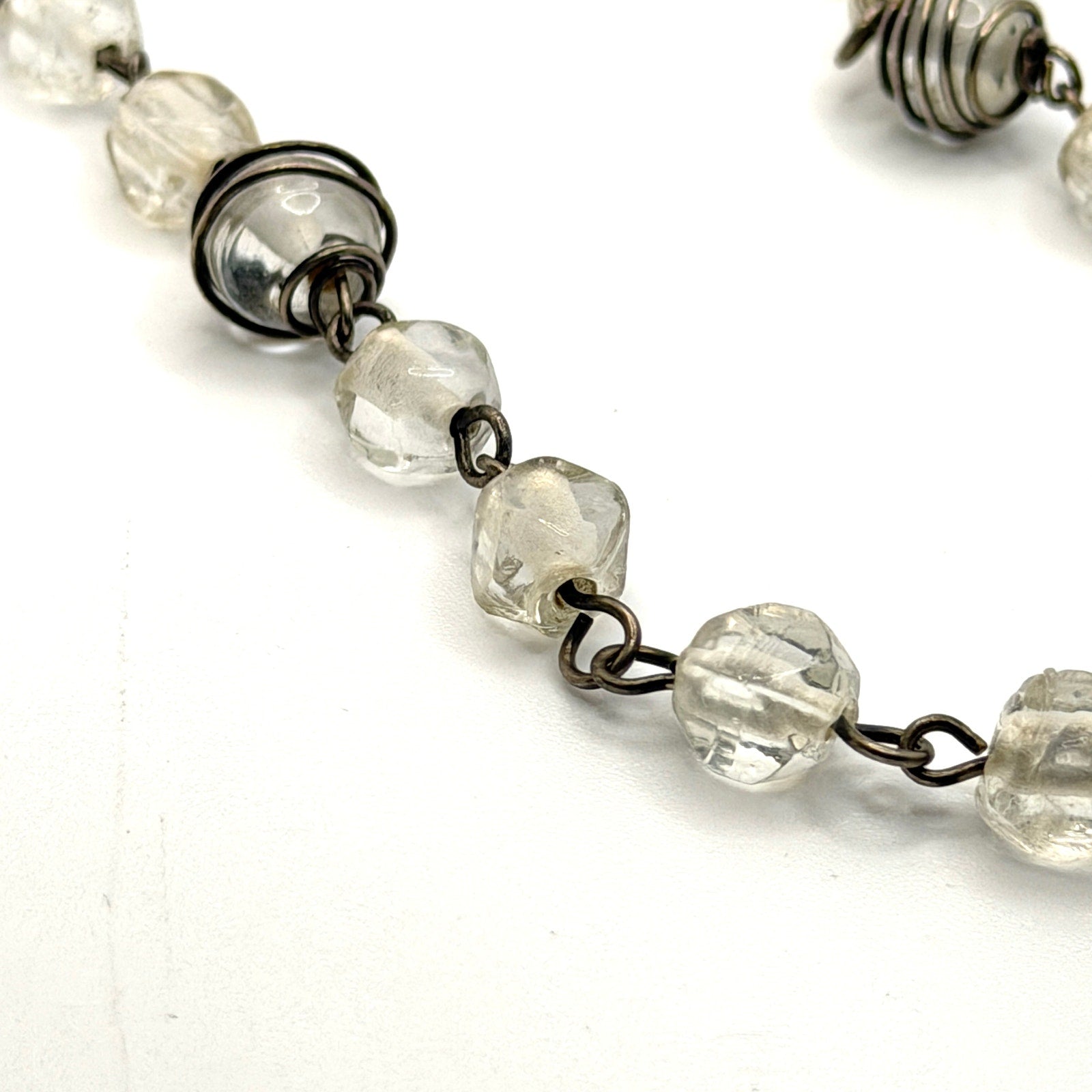 Vintage 90s Clear Glass Wire Wrapped Cage Station Flapper Long Necklace