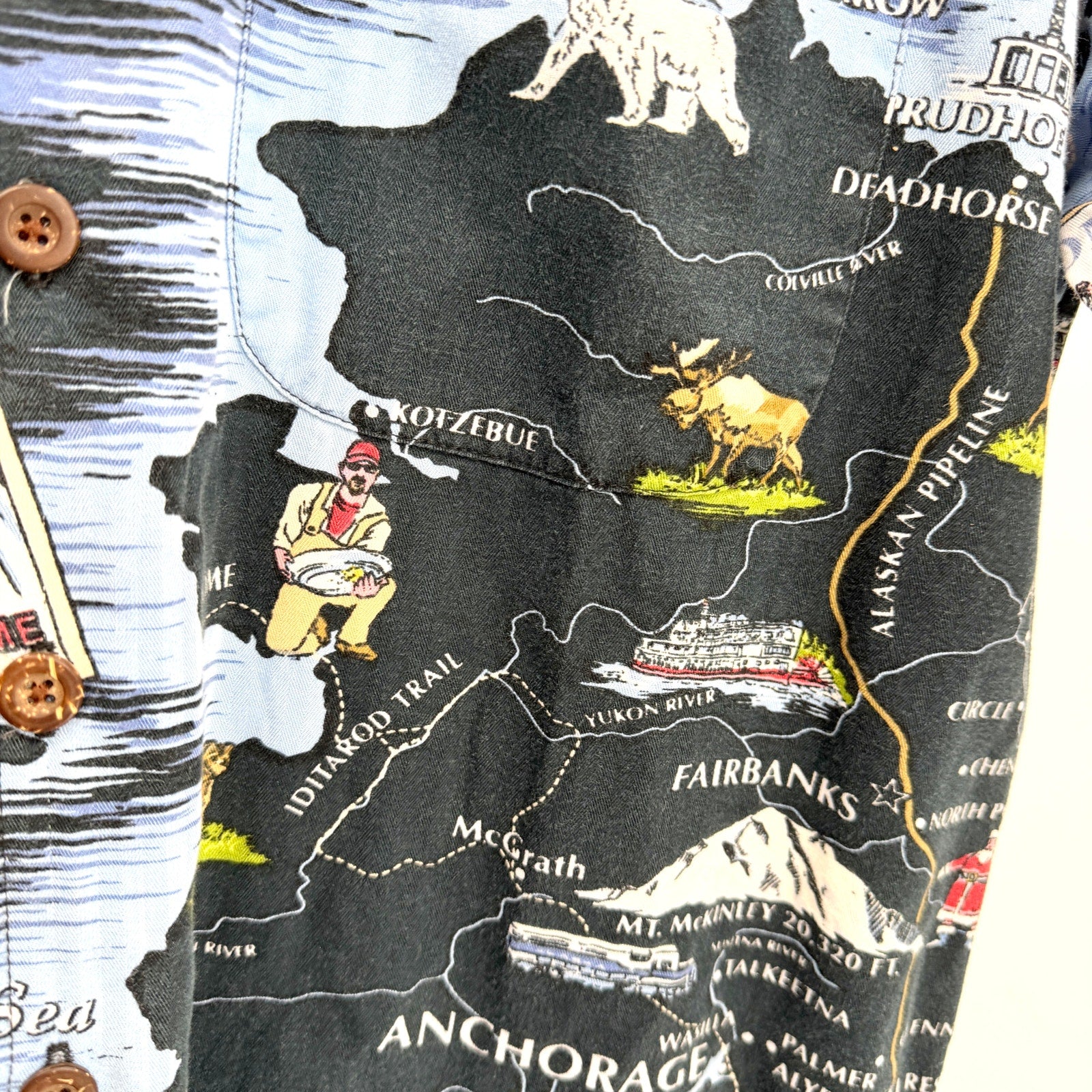 Vintage 90s David Carey Black Alaska Map Novelty Print Button Up Shirt