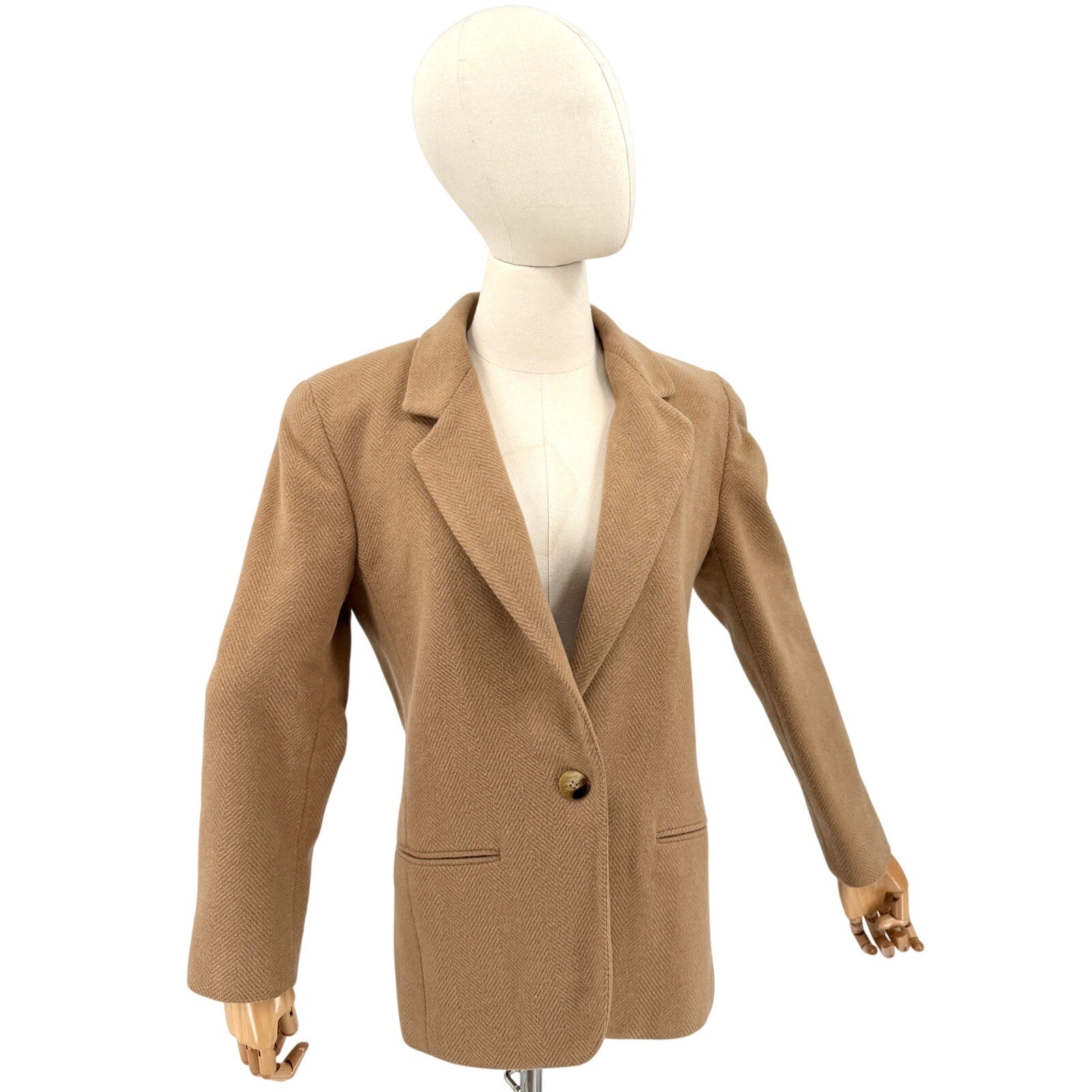 Vintage 80s Harve Benard Camel 100% Wool Chevron Tailored Blazer Jacket