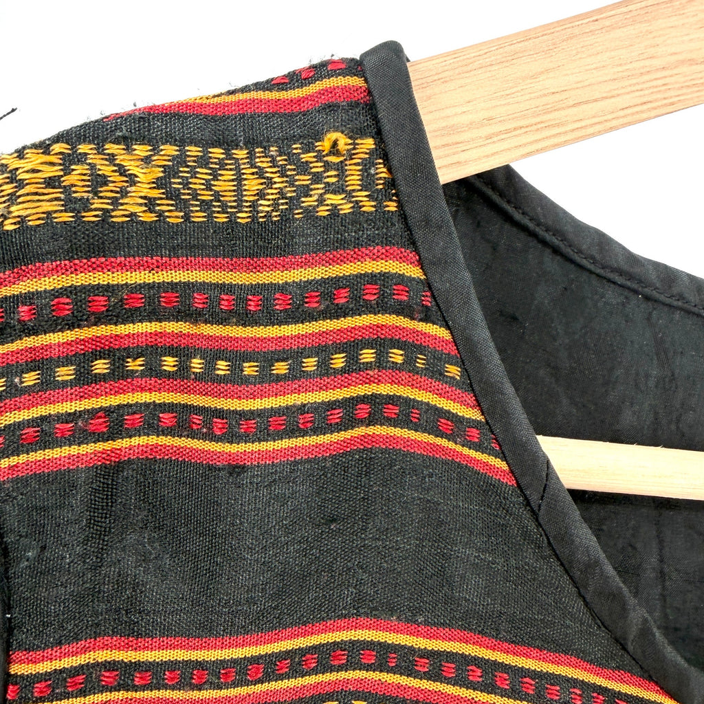 Vintage 90s Black Red Gold 100% Silk Tribal Woven Overlay Side Tie Shift Dress