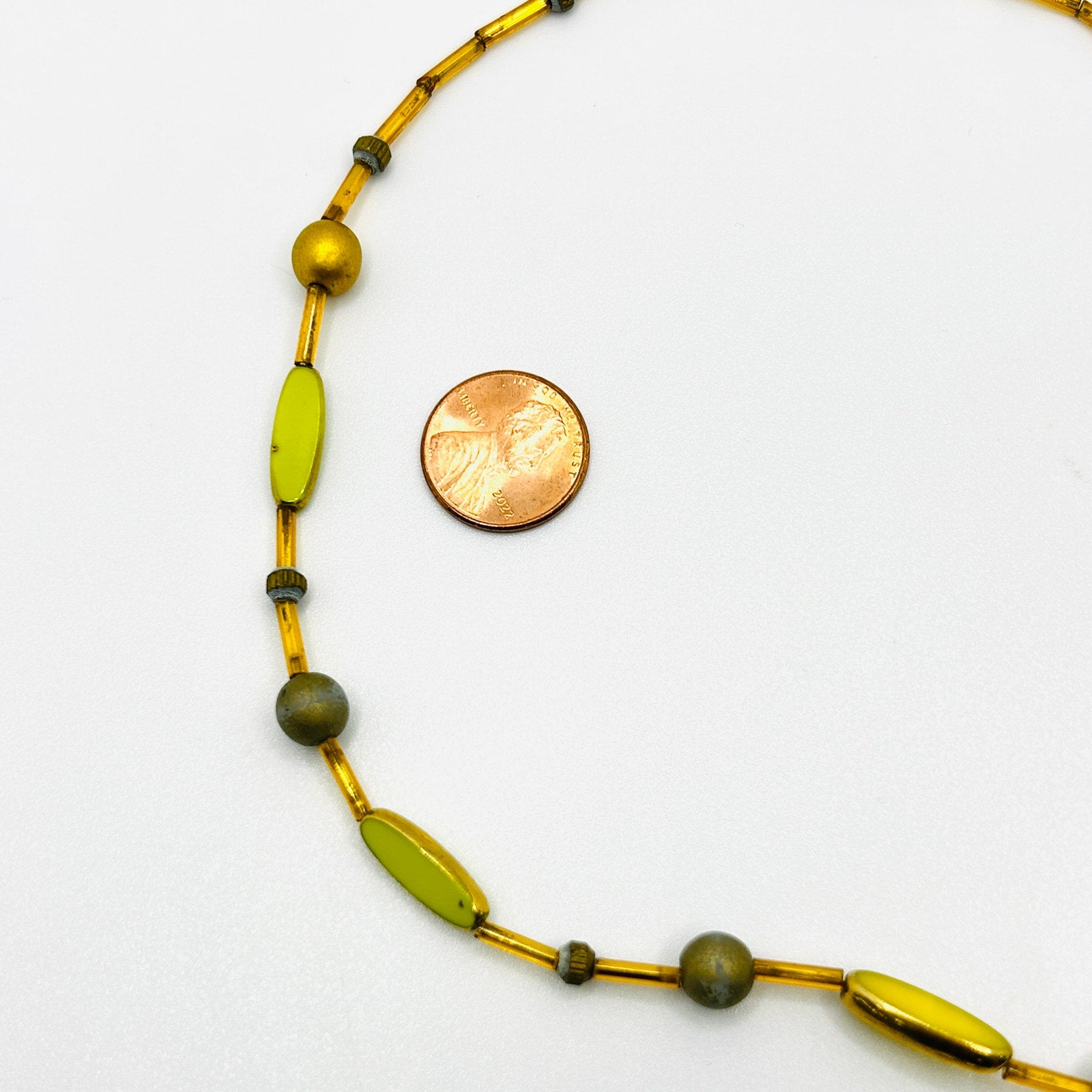 Handmade Art Deco-Style Delicate Green Gold Glass + Ceramic Beaded Necklace