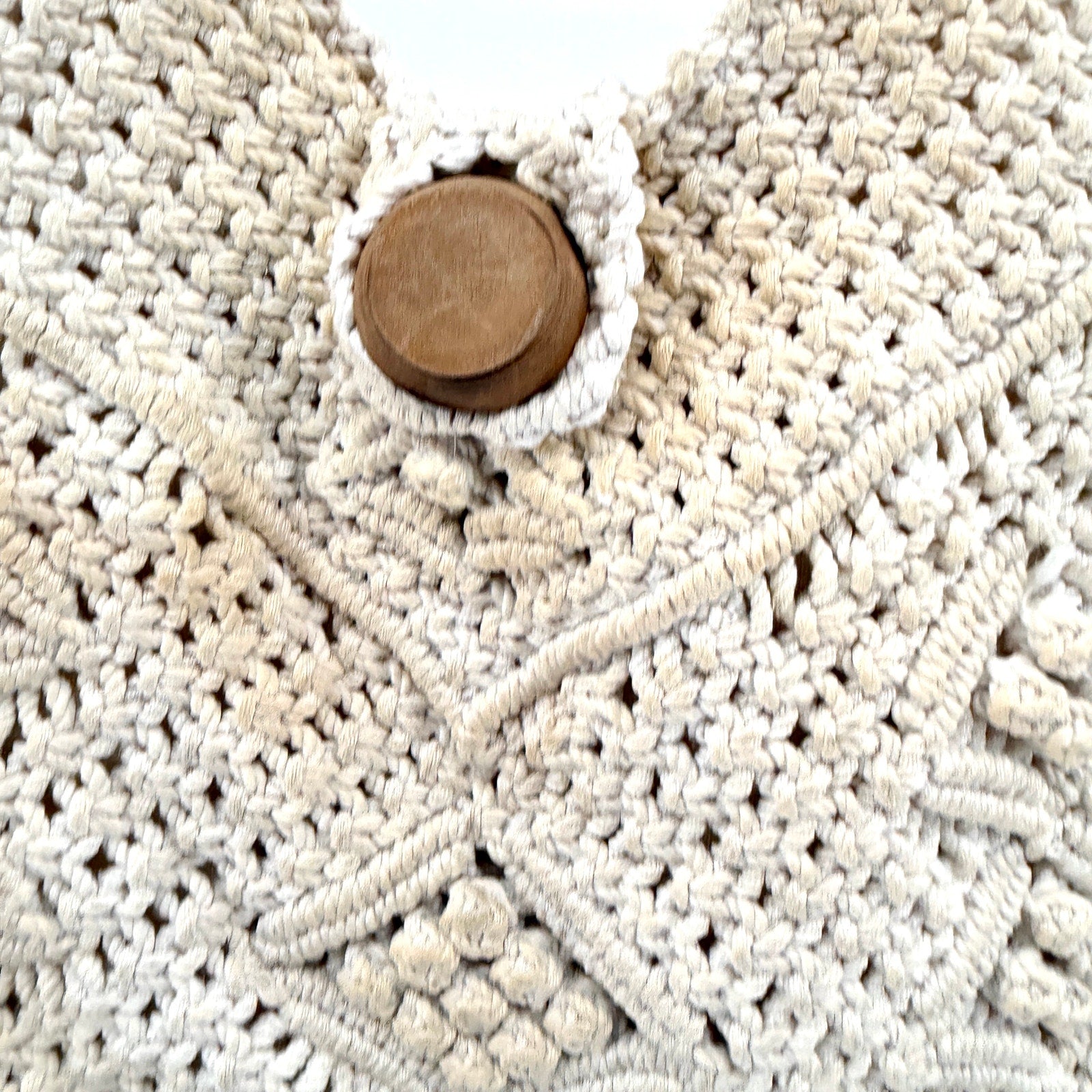 Vintage 80s Handcrafted Philippines Cream Macramé Wooden Button Handbag