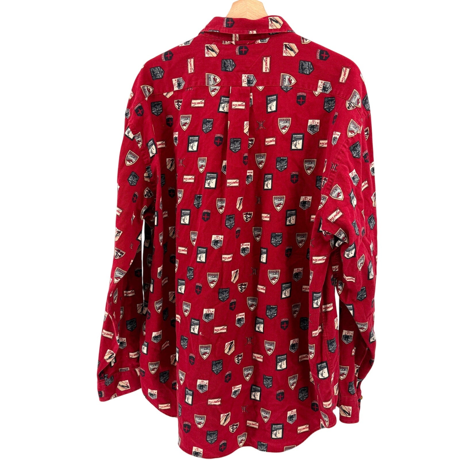 Vintage 90s Tommy Hilfiger Red 100% Cotton AOP Ski Icons Button Down Shirt