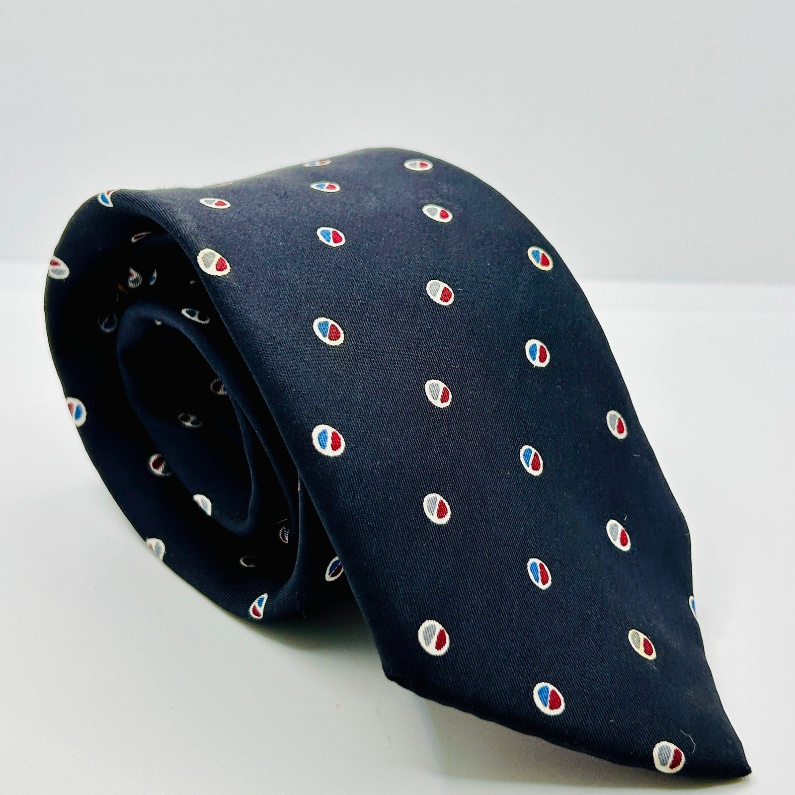 Vintage 80s Lanvin Paris Navy Blue Red White Polka Dot Silk Skinny Tie