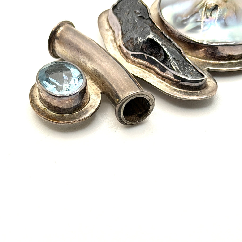 Vintage 90s Starborn Sterling Mother of Pearl Blue Topaz Tektite Slide Pendant