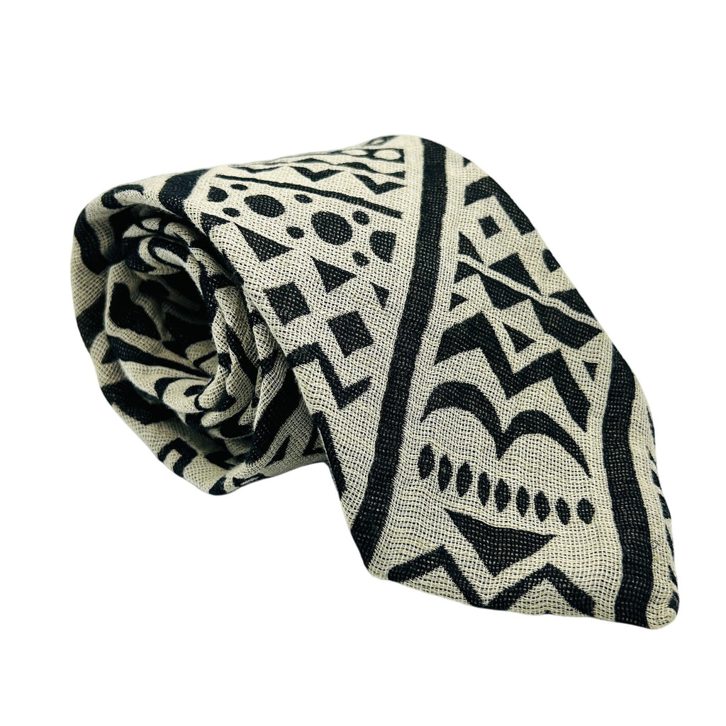 Vintage 90s Prochownick Black Cream Tribal Geometric Abstract Wide Necktie