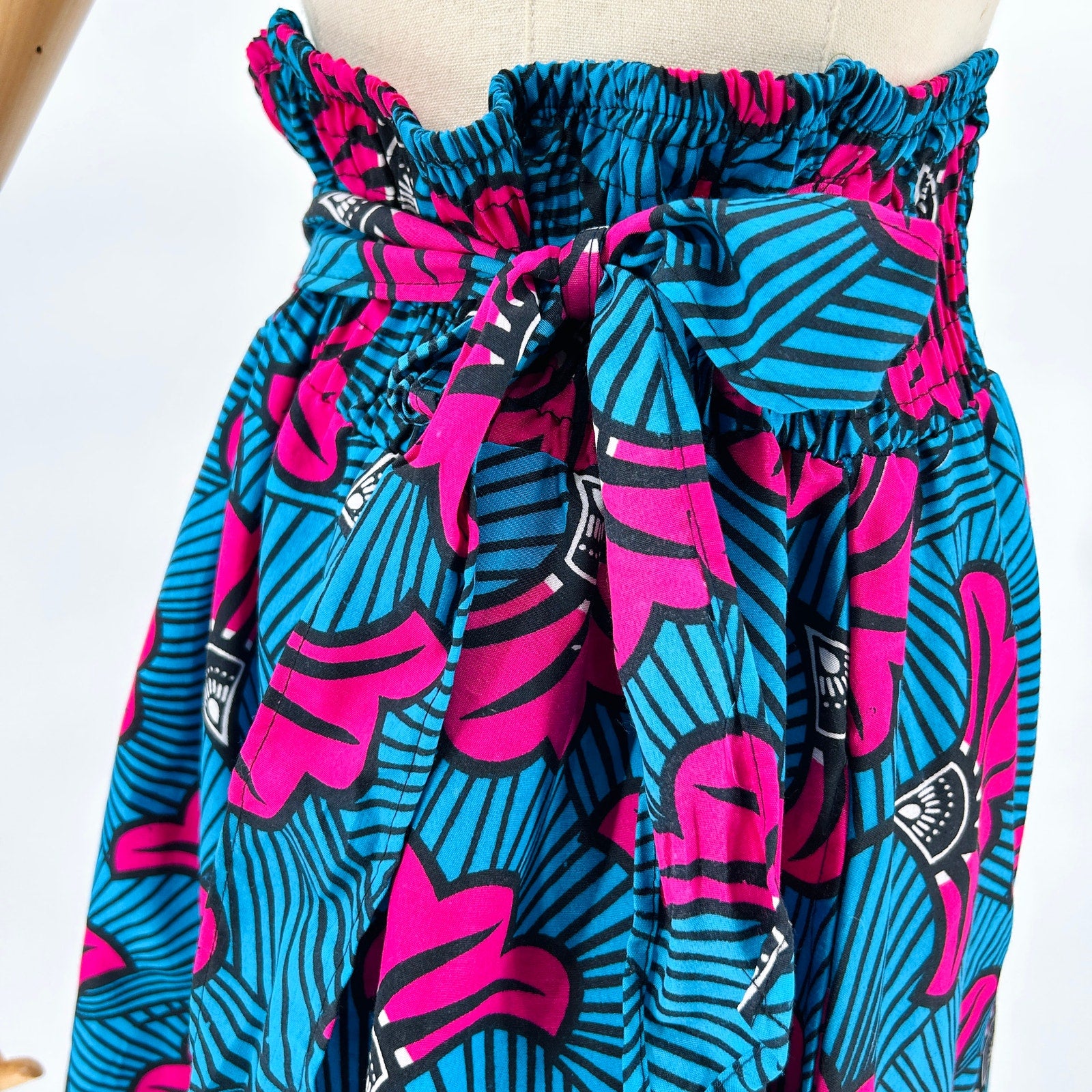 Ankara Wax Print Blue Pink Floral Cotton Paperbag Maxi Skirt