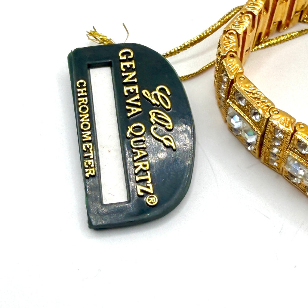 Vintage 80s Geneva One Mic Gold Faux Diamond Glam Cocktail Watch Bracelet
