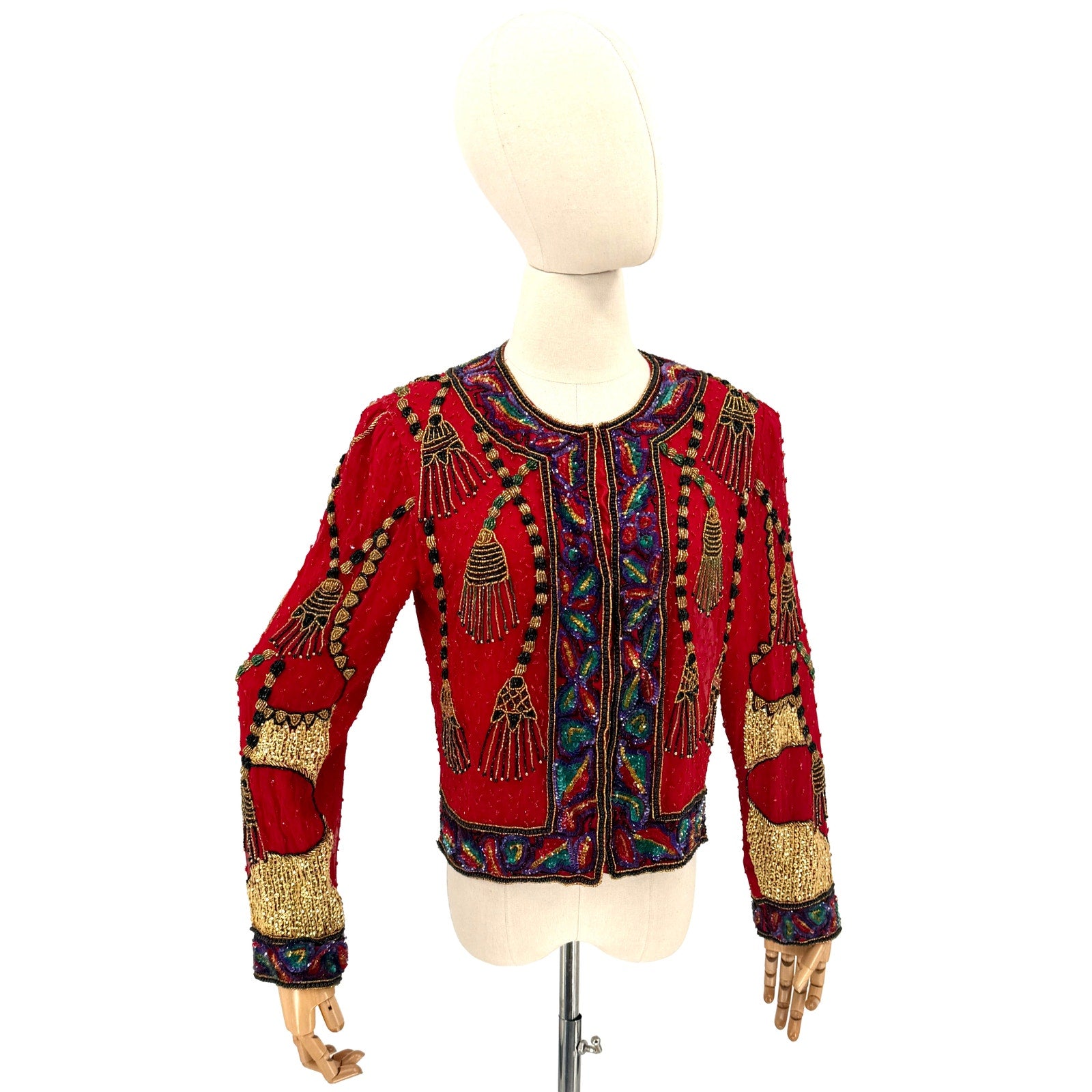 Vintage 90s Laurence Kazar Red 100% Silk Beaded Tassel Glam Statement Jacket