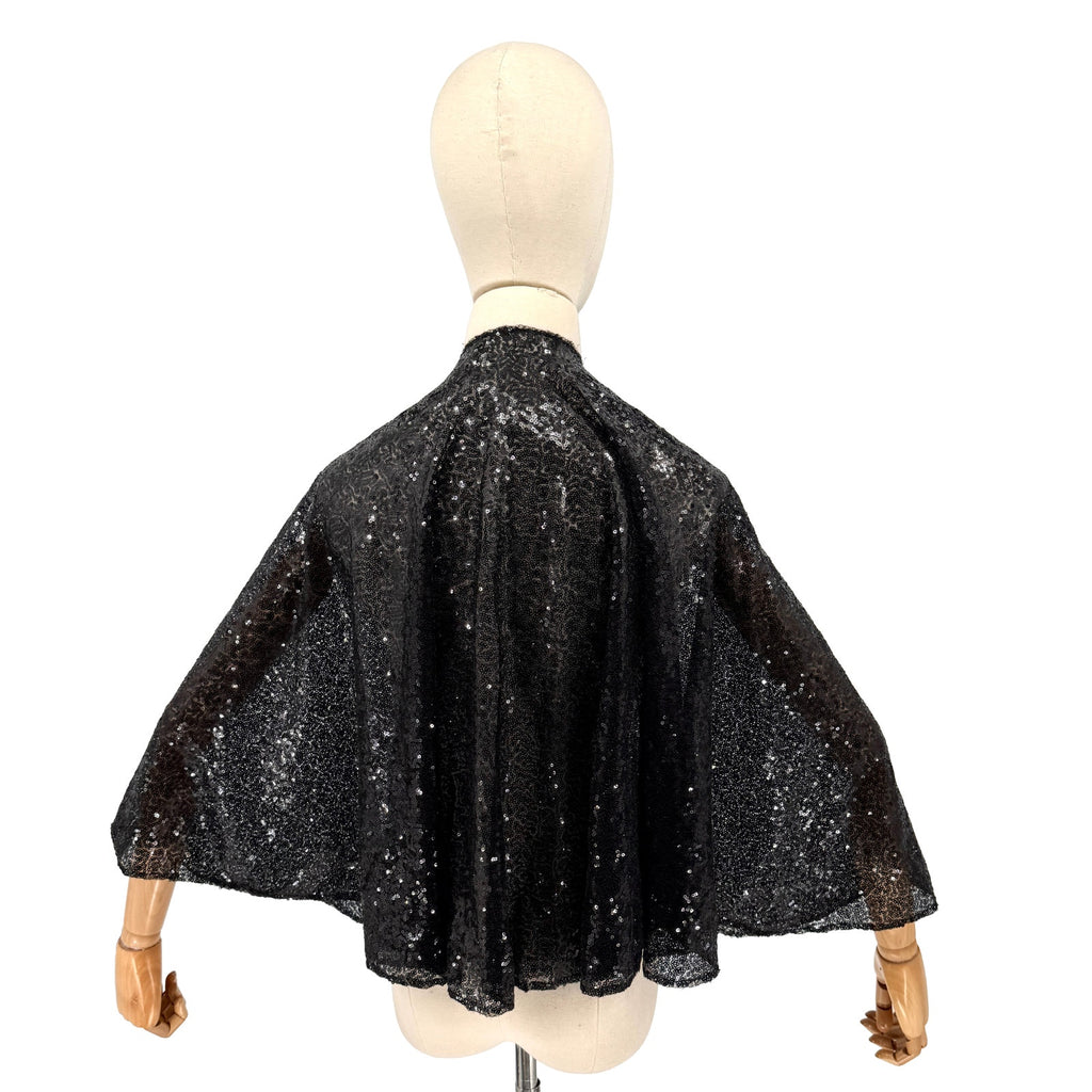 Black Sheer Sequin Evening Poncho Cape With Velcro Closure