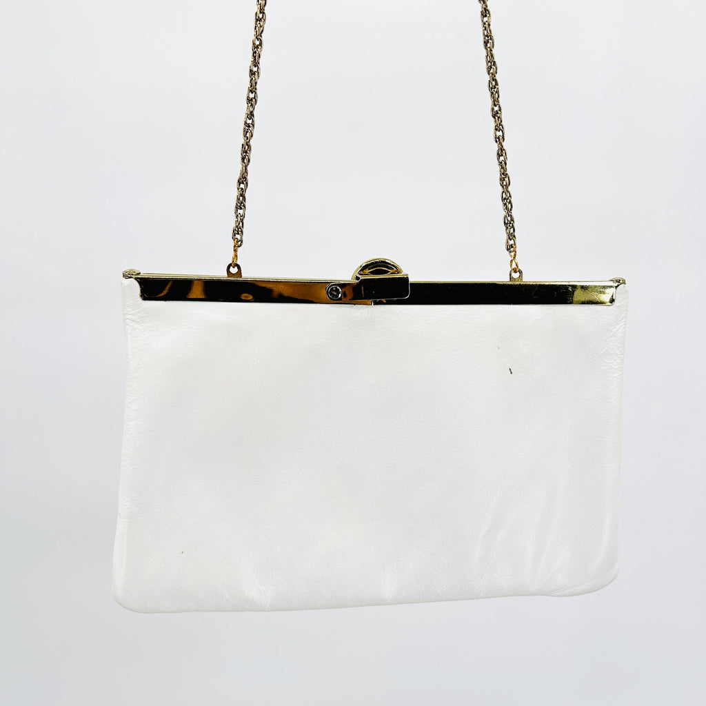 Vintage 80s White Leather Gold Frame Clutch Shoulder Bag Chain Strap