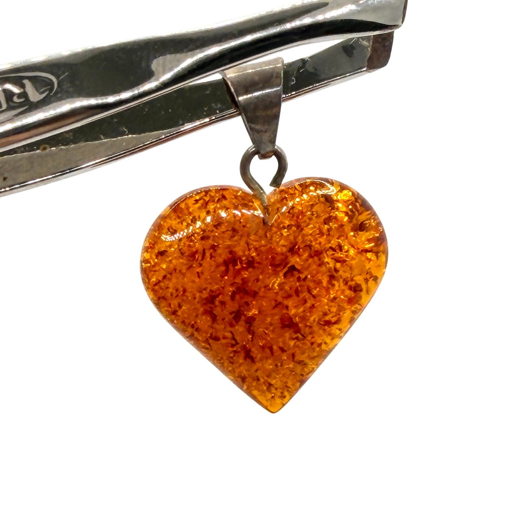 Vintage 90s Stamped Honey Baltic Amber Sterling Silver Heart Pendant
