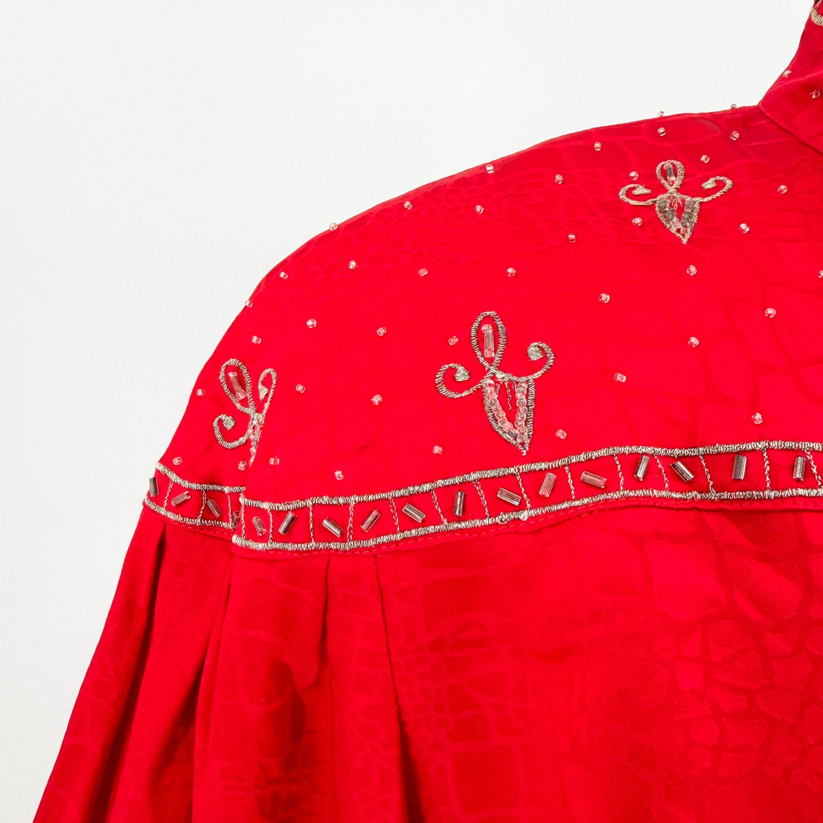 Vintage 80s Anne French Red 100% Silk Beaded Jacquard Skirt Set