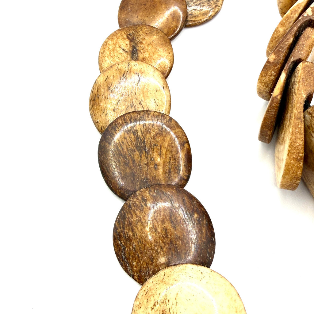 Vintage 90s Hand Carved Natural Bone Graduated Flat Disc Necklace Bracelet Set