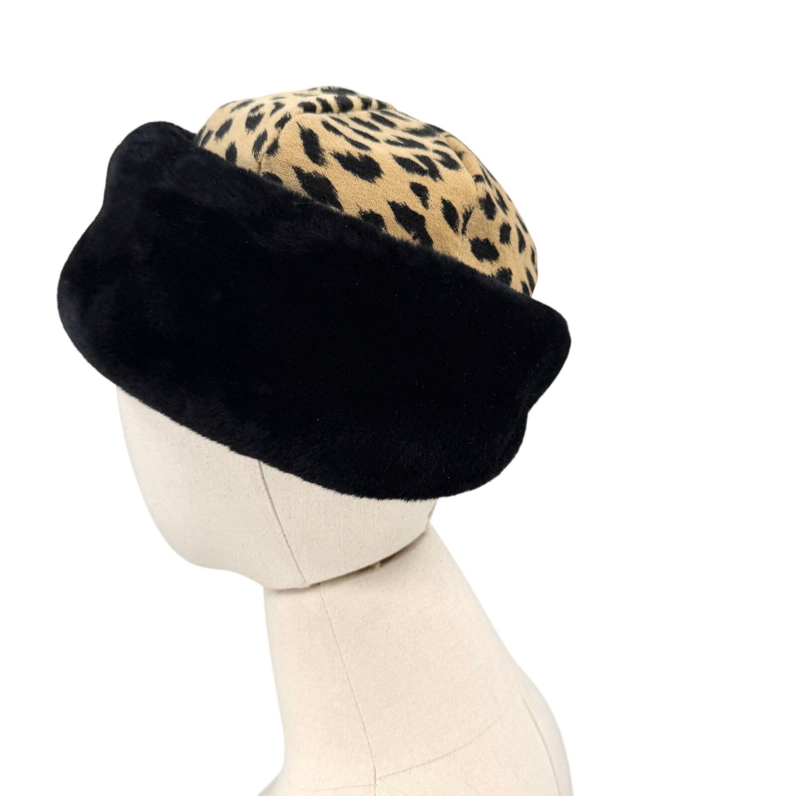 Vintage 90s Liz Claiborne Leopard Black Plush Cossack Hat