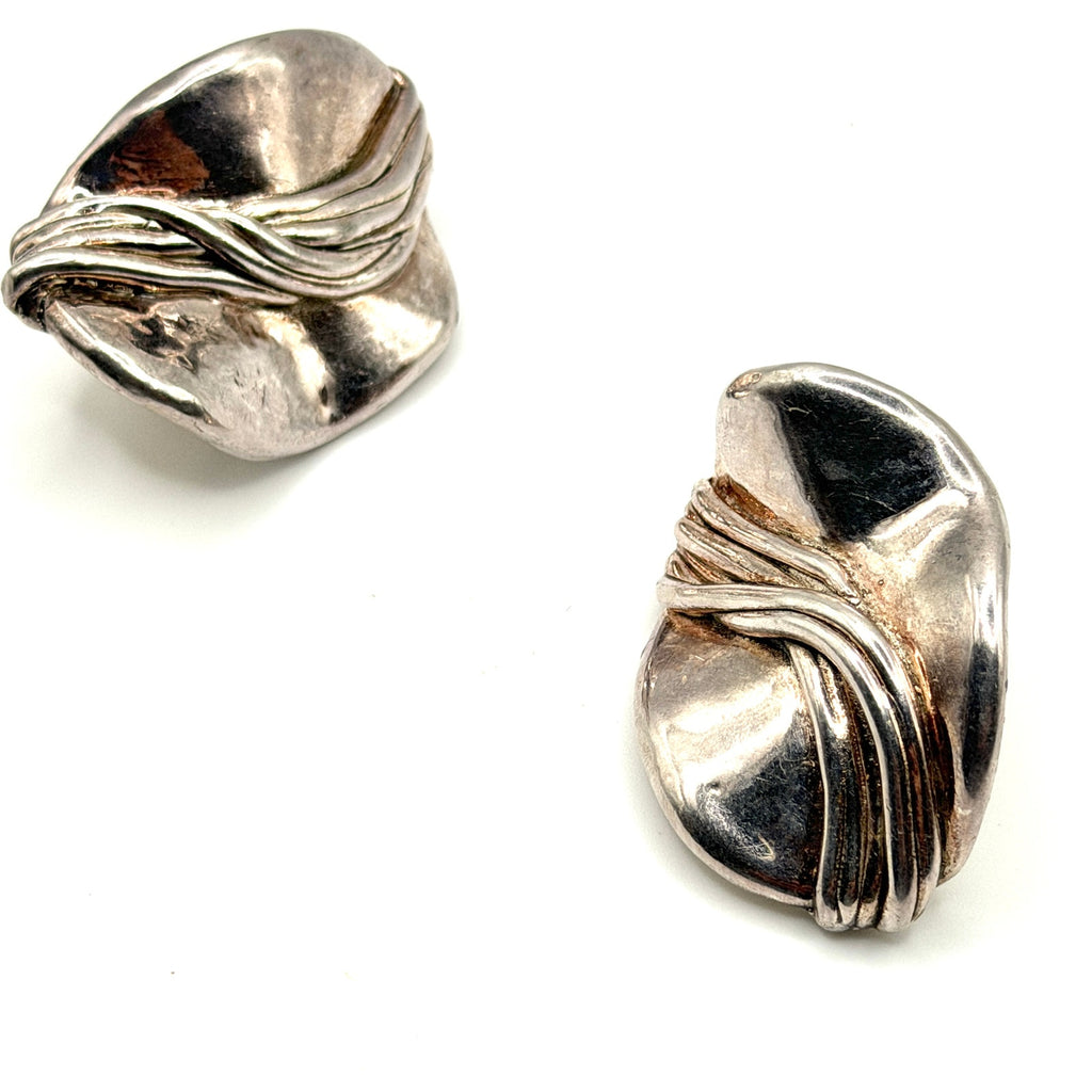 Vintage 80s Israel Sterling Silver Modernist Wavy Abstract Omega Back Earrings