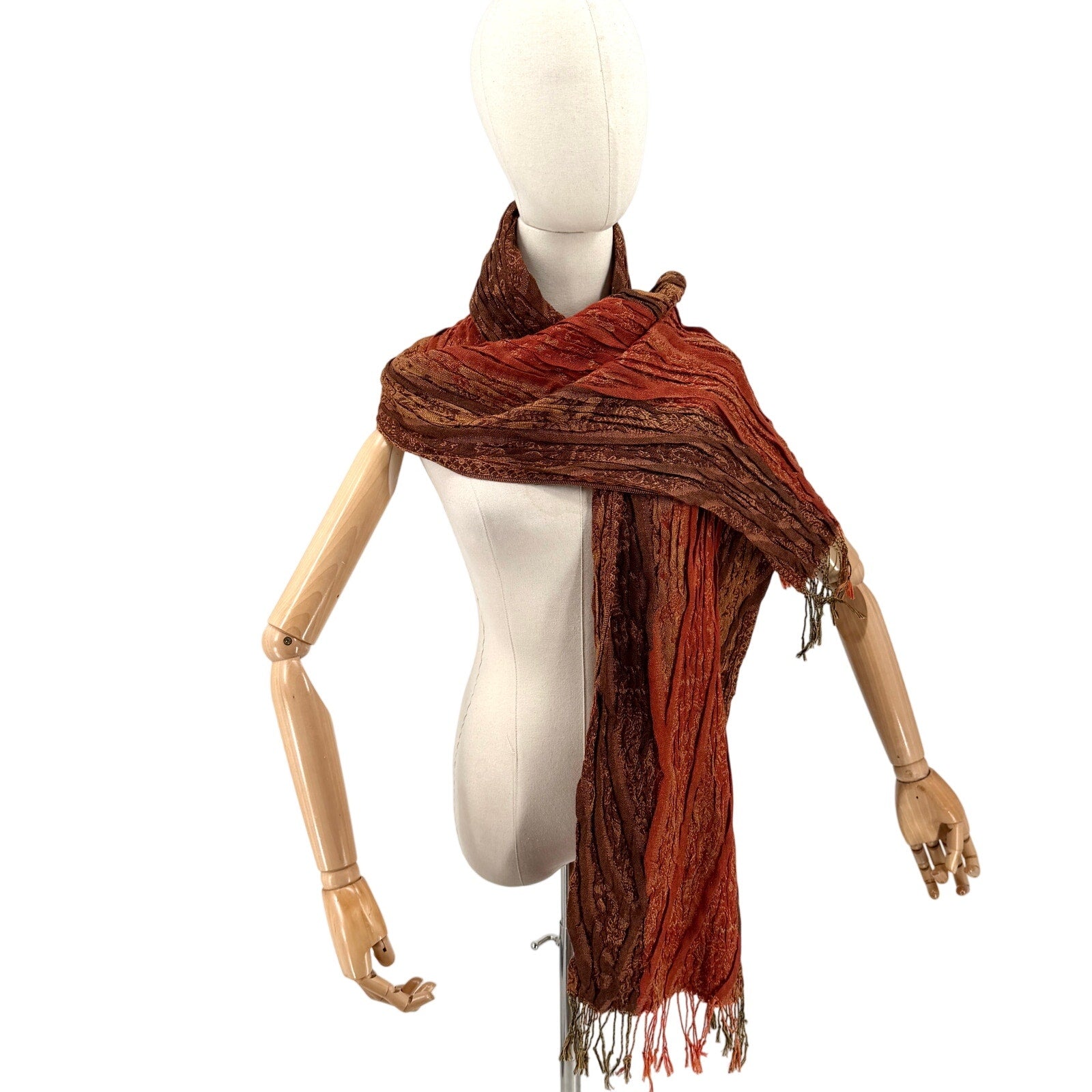 Vintage Y2K Pashmina Red Orange Woven Boho Textured Fringe Scarf