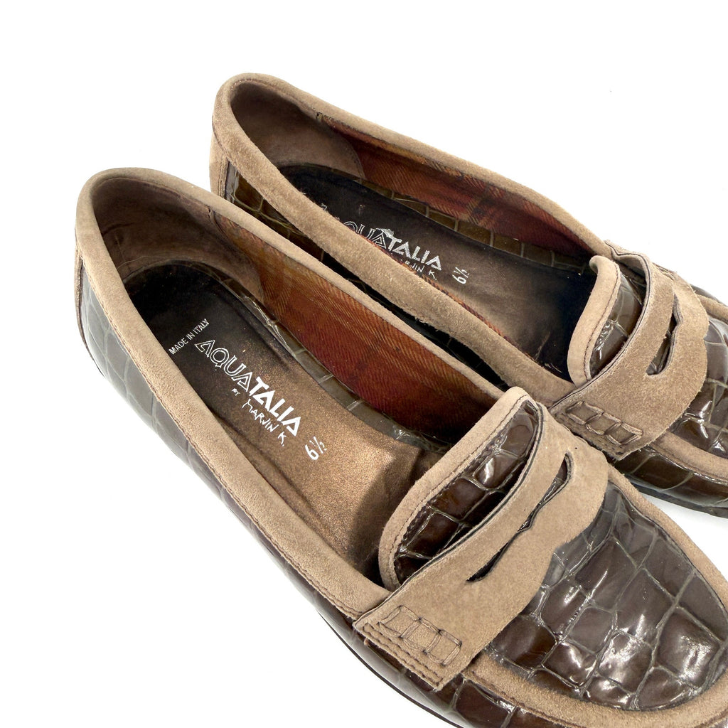 Vintage Y2K Aquatalia Brown Patent Leather Croc Suede Penny Loafers