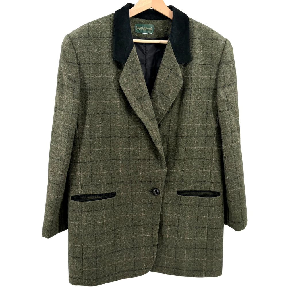 Vintage 90s Harve Benard Green Oversized 100% Wool Genuine Suede Trim Blazer