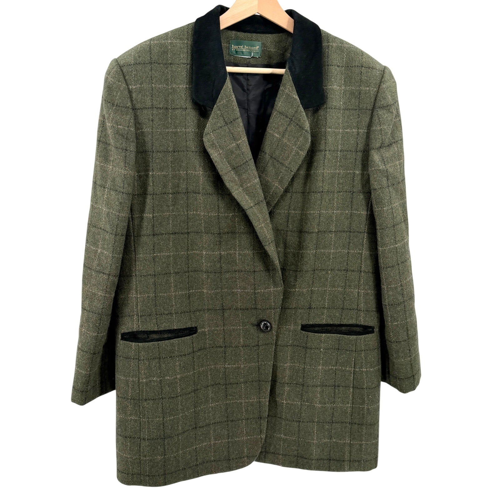 Vintage 90s Harve Benard Green Oversized 100% Wool Genuine Suede Trim Blazer
