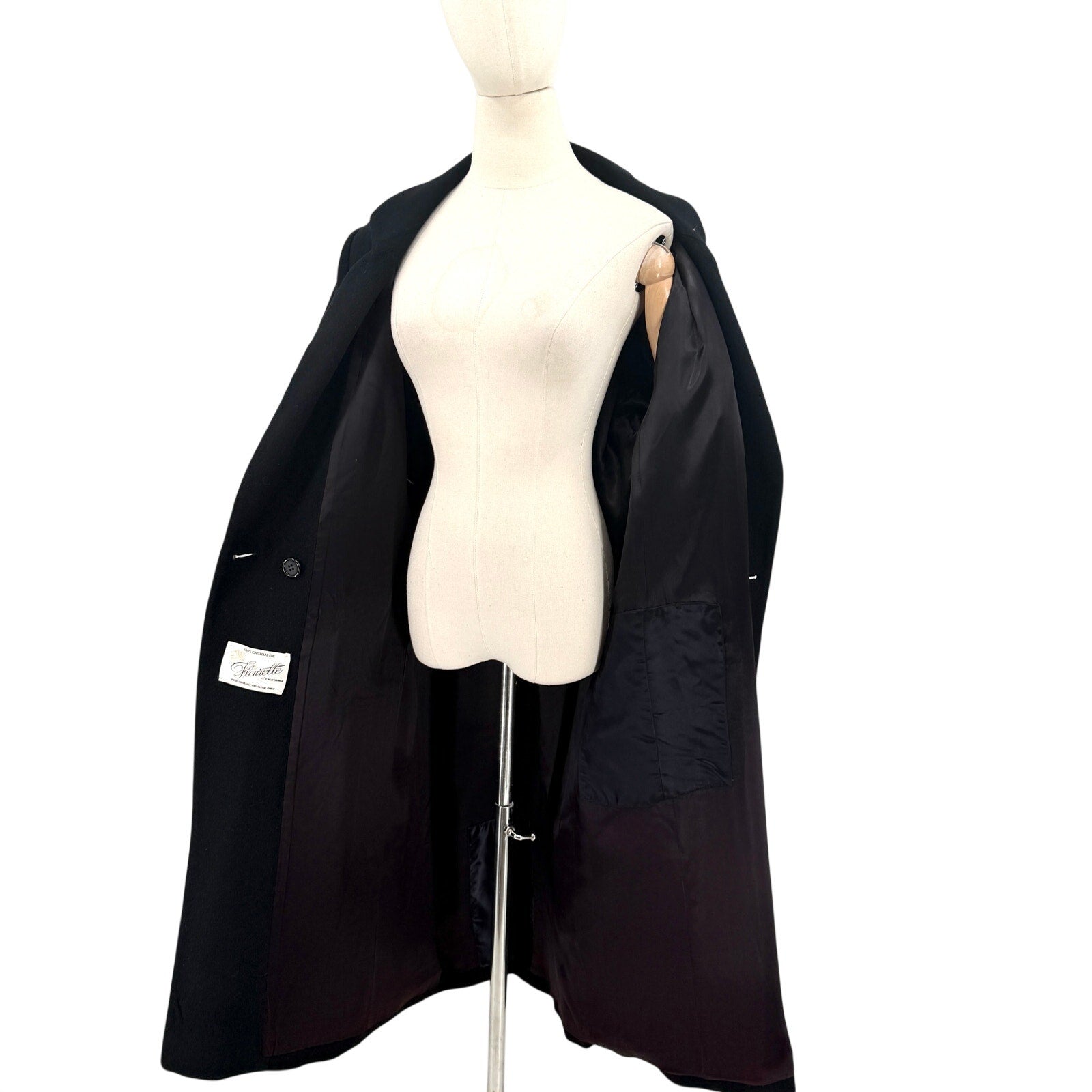 Vintage 90s Fleurette Black 100% Cashmere Double-Breasted Coat