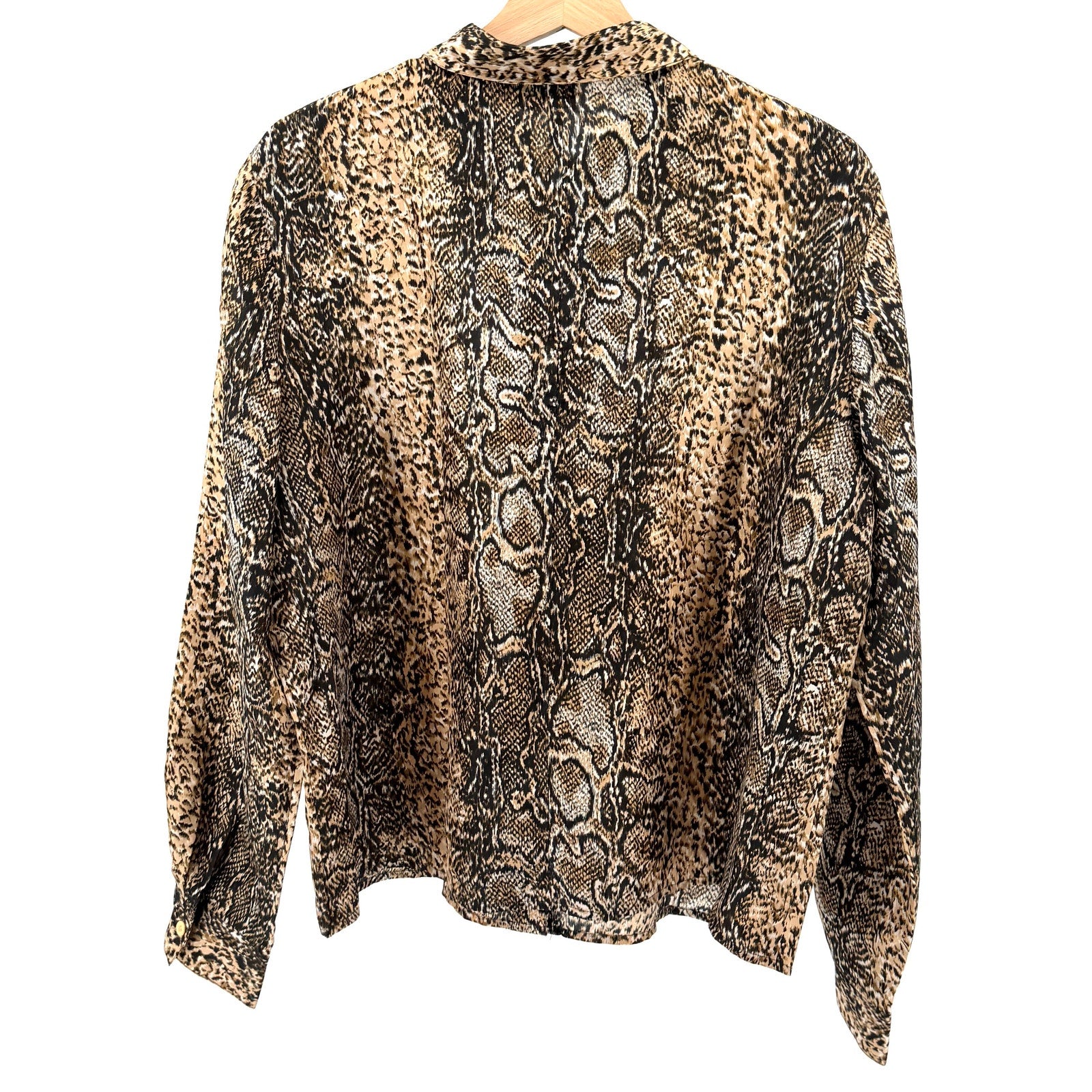 Vintage Y2K August Silk Tan Black 100% Silk Snakeskin Python Button Down Blouse
