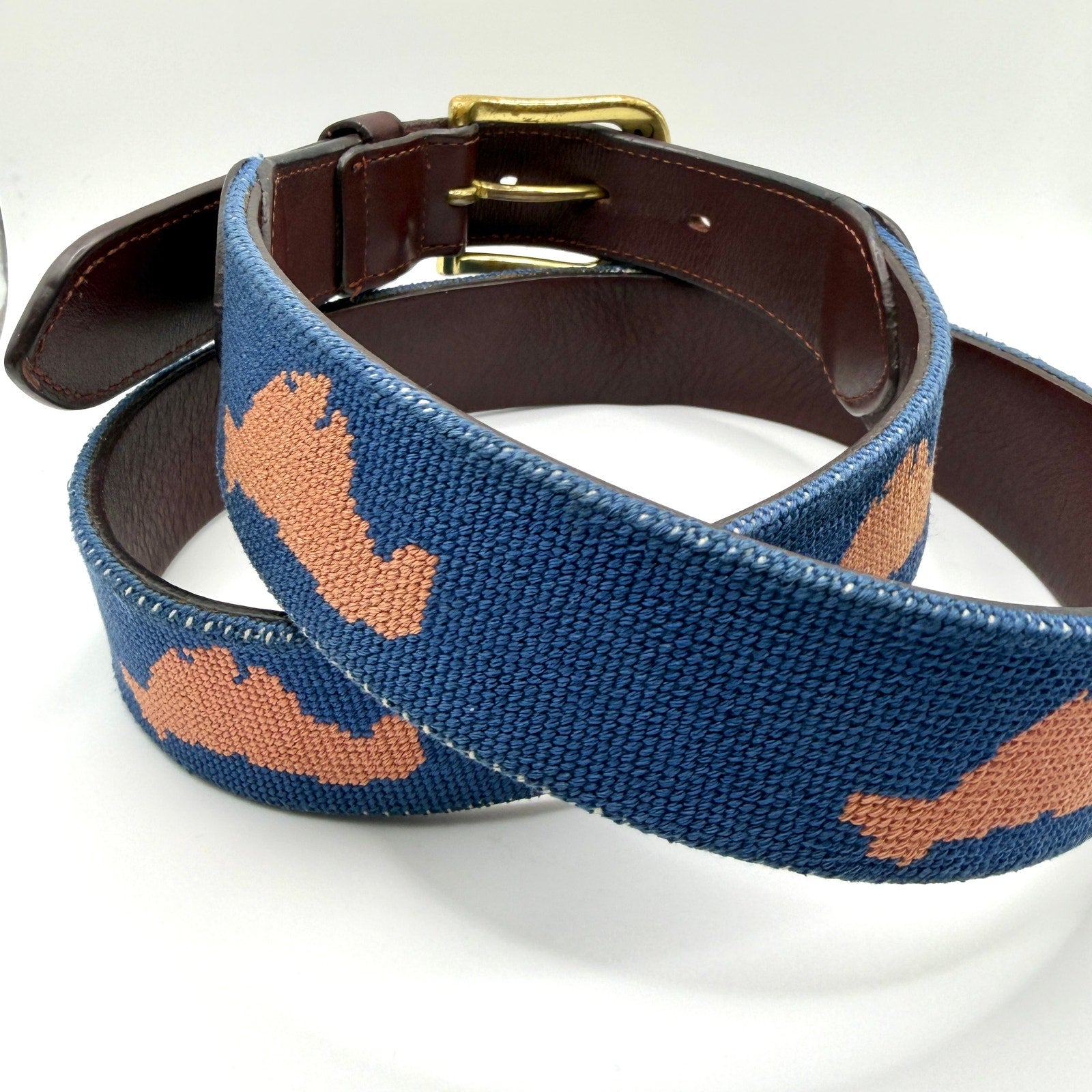 Harding Lane Blue Genuine Leather Preppy Marthas Vineyard Needlepoint Belt