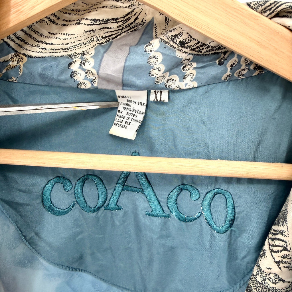 Vintage 90s Coaco Blue Silk Seashell Pearl Print Bomber Jacket