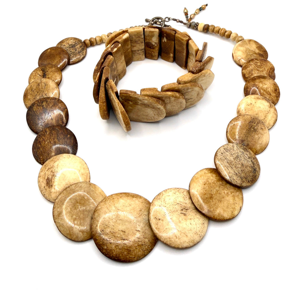 Vintage 90s Hand Carved Natural Bone Graduated Flat Disc Necklace Bracelet Set
