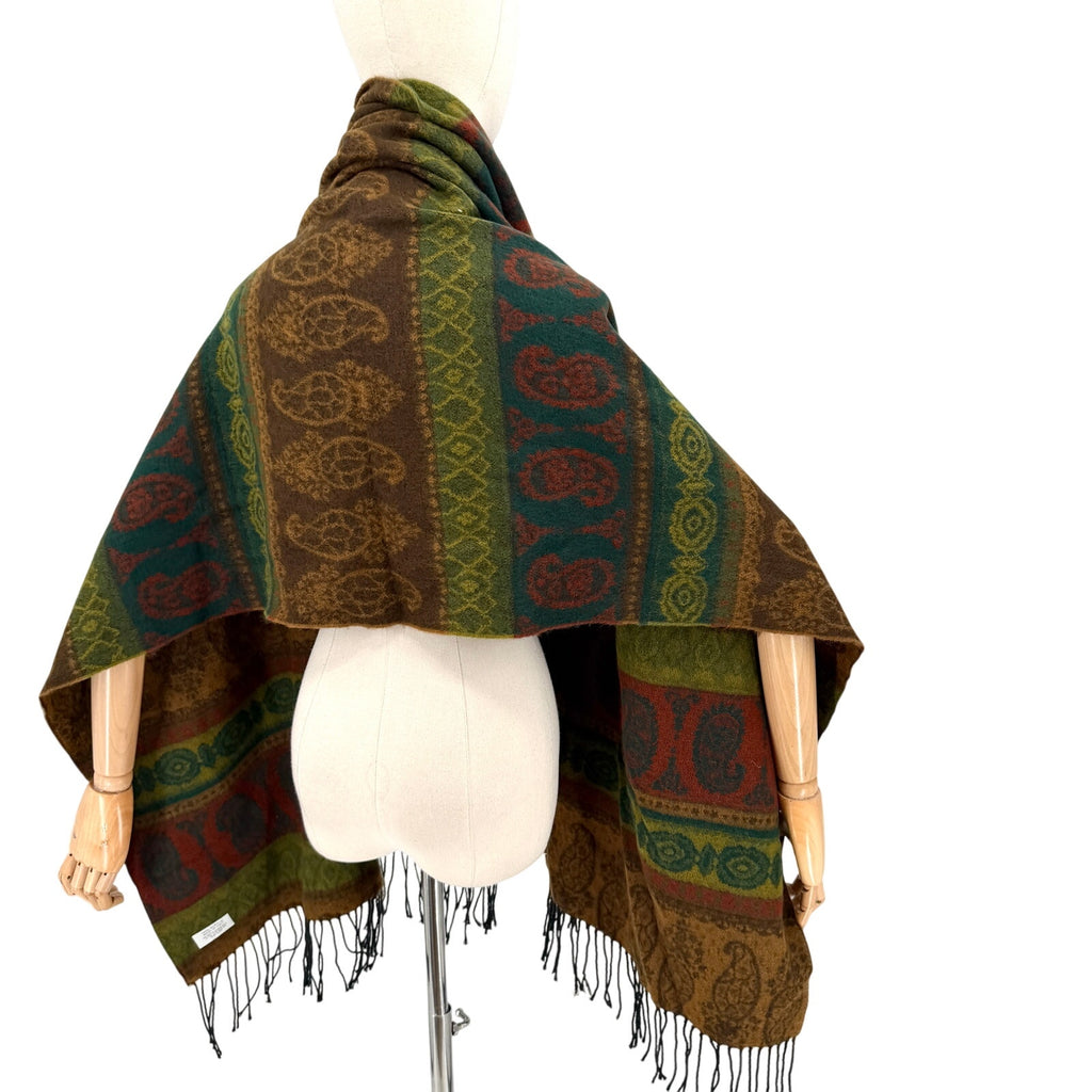 Vintage 90s Bloomingdale's Green Brown Boho Southwest Fringe Wrap Scarf