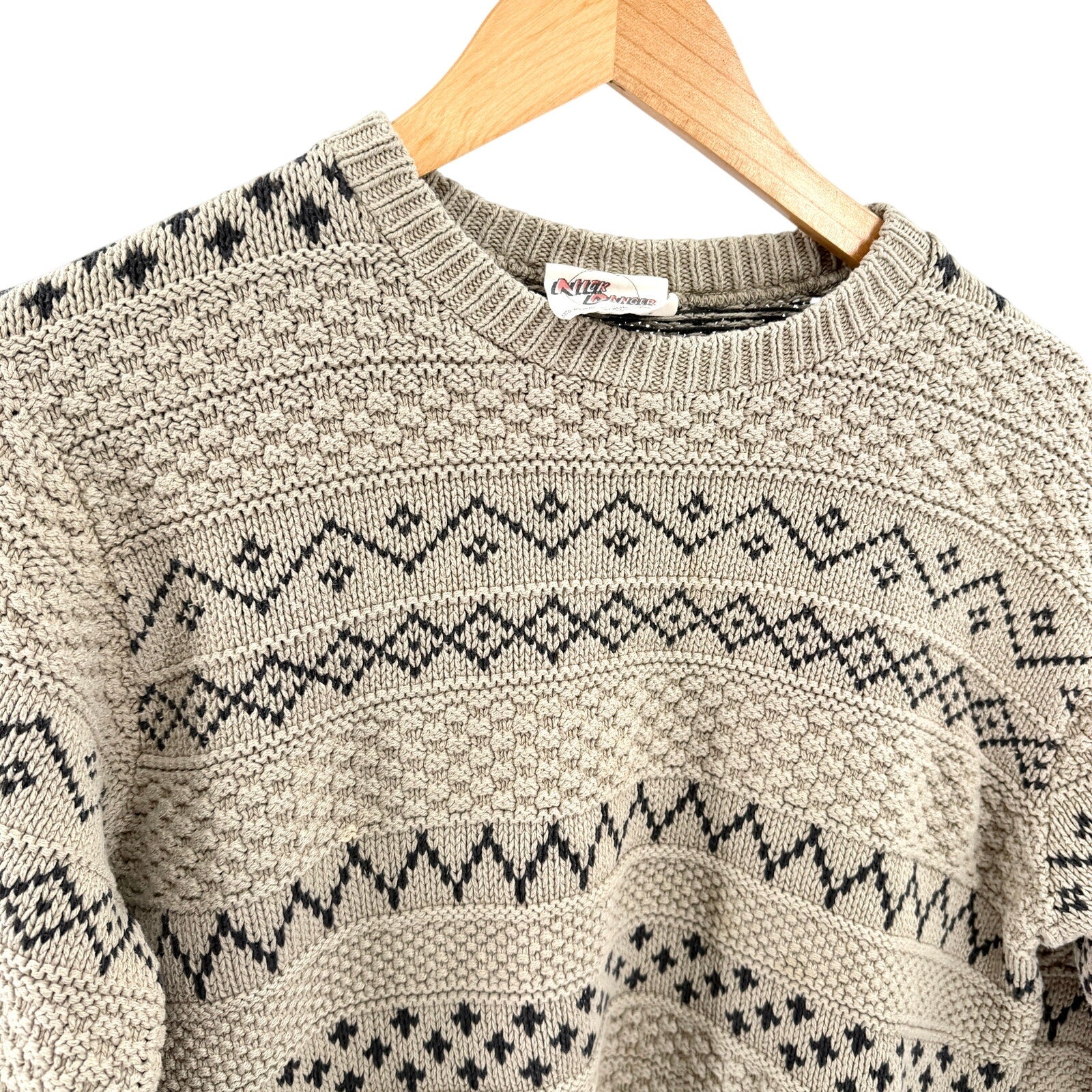 Vintage 90s Nick Danger Beige Black 100% Cotton Fair Isle Crewneck Knit Sweater