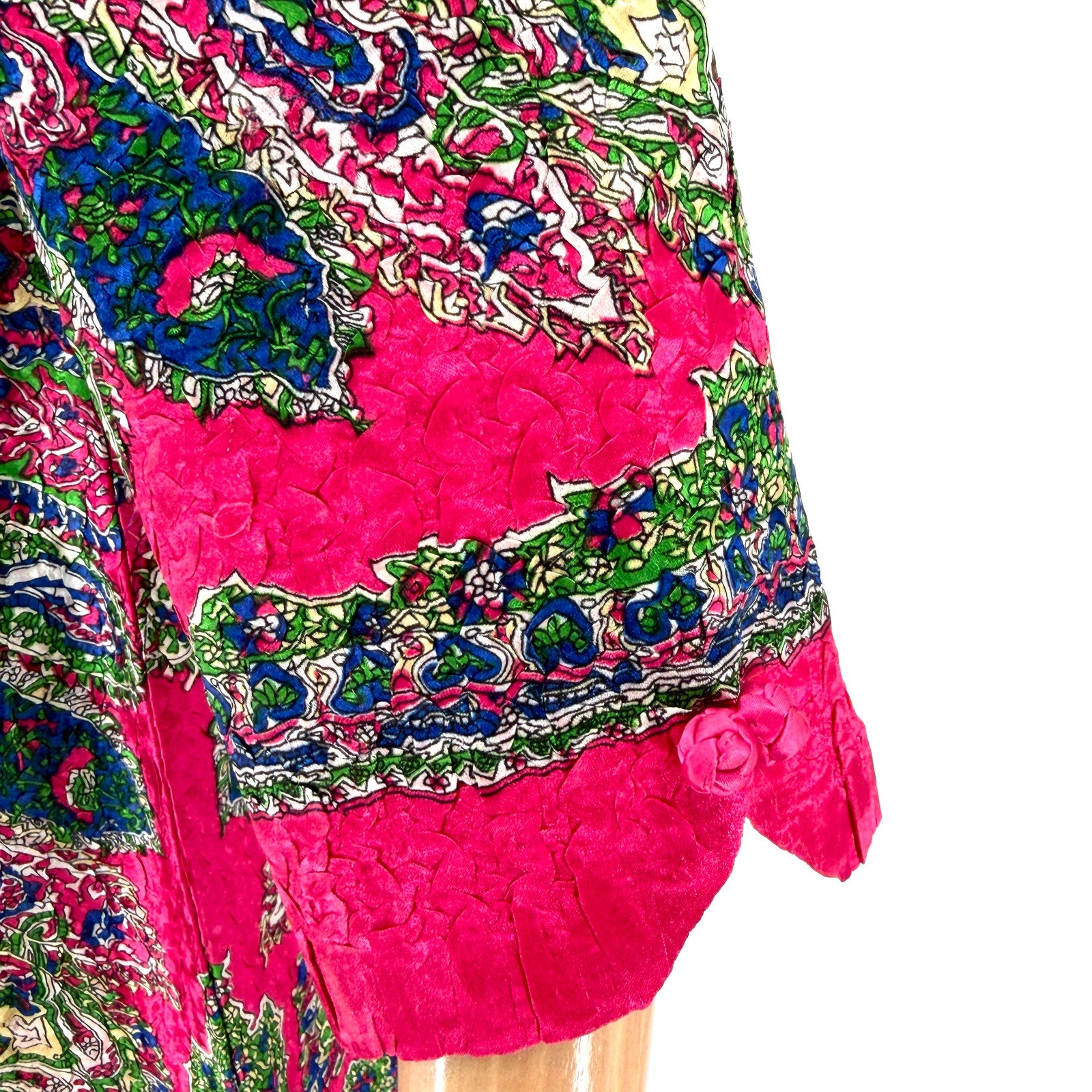 Hot Pink Paisley Crinkle Satin Boho Mini Dress