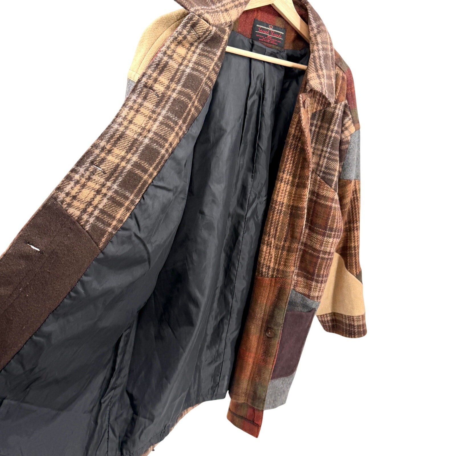 Vintage 90s Sacred Threads Brown Patchwork 100% Wool Plaid Shacket Car Coat