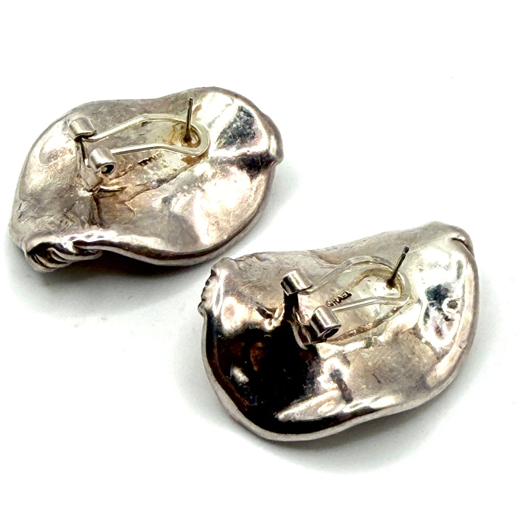 Vintage 80s Israel Sterling Silver Modernist Wavy Abstract Omega Back Earrings