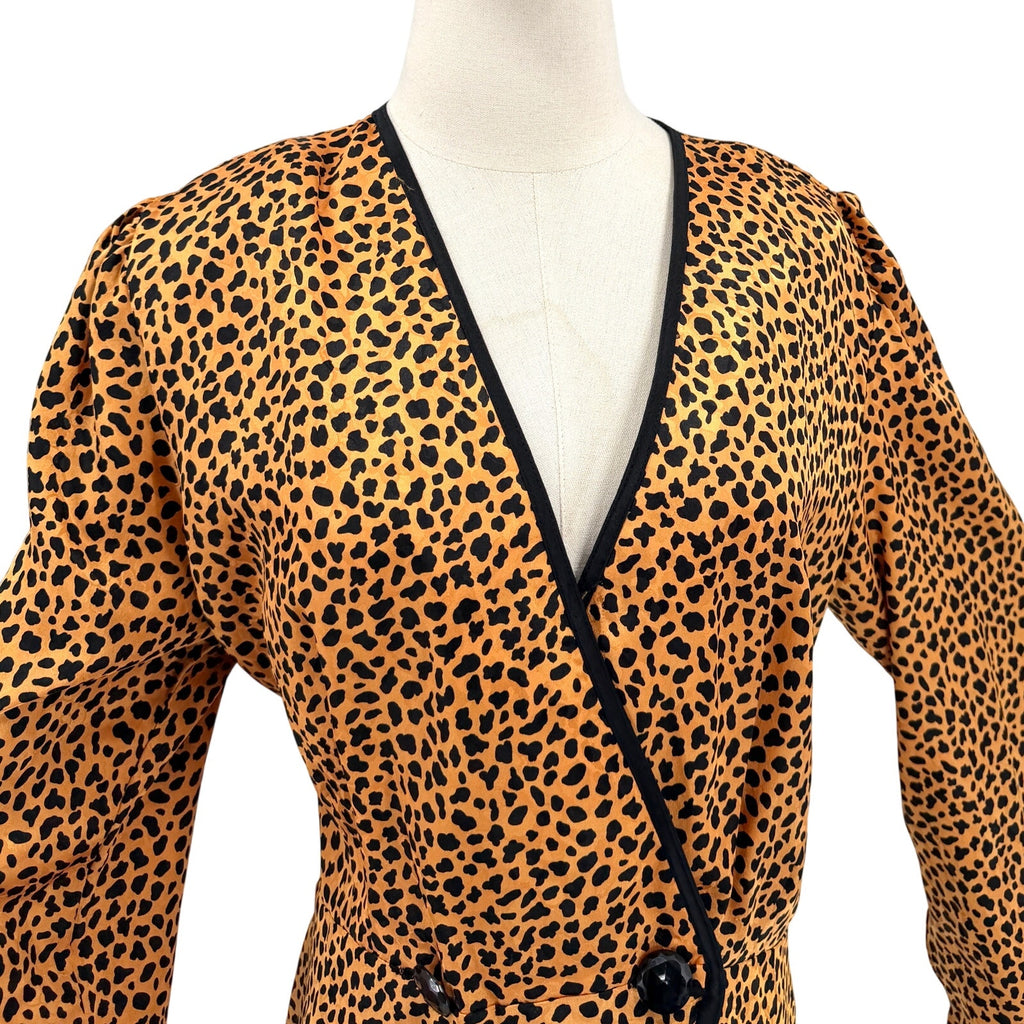 Vintage 80s C. Jay Orange Black Leopard Maximal Wrap Puff Sleeve Blouse