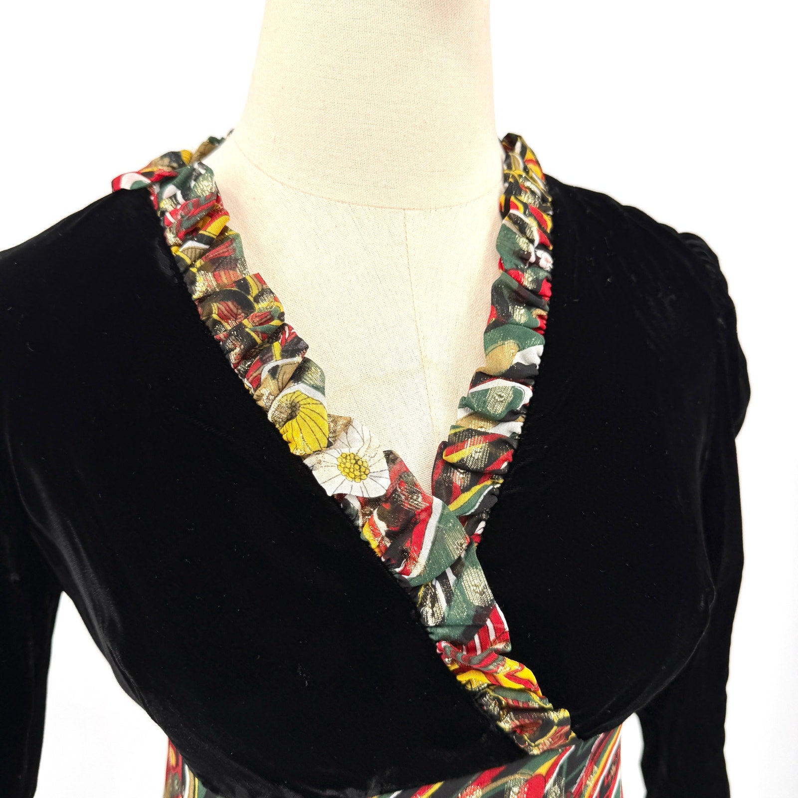 Vintage 70s Black Velvet Psychedelic Gold Empire Waist Evening Gown